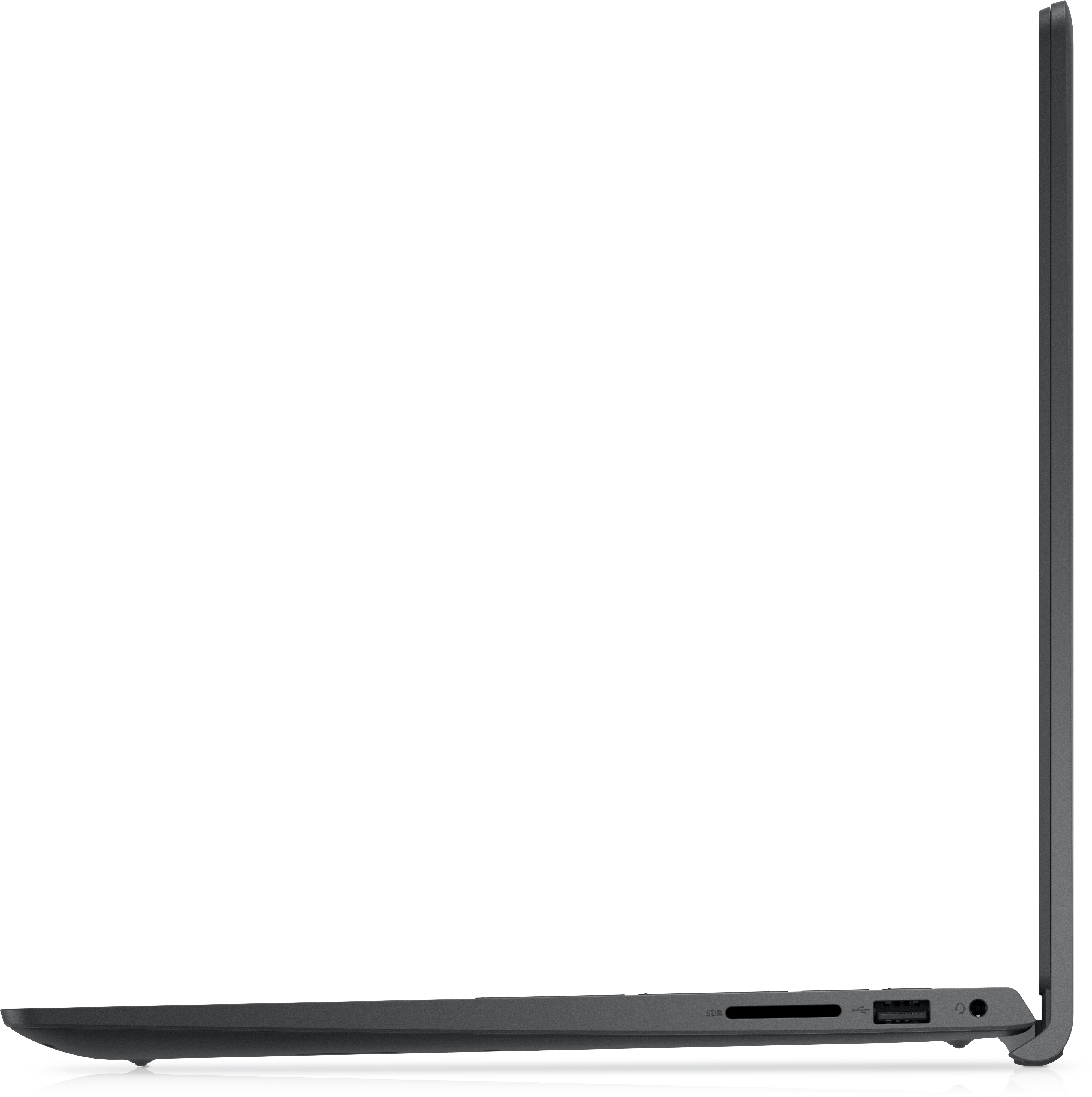 Seitenansicht des Laptops. Grauer Laptop mit sichtbaren Anschlüssen. Weißer Hintergrund.