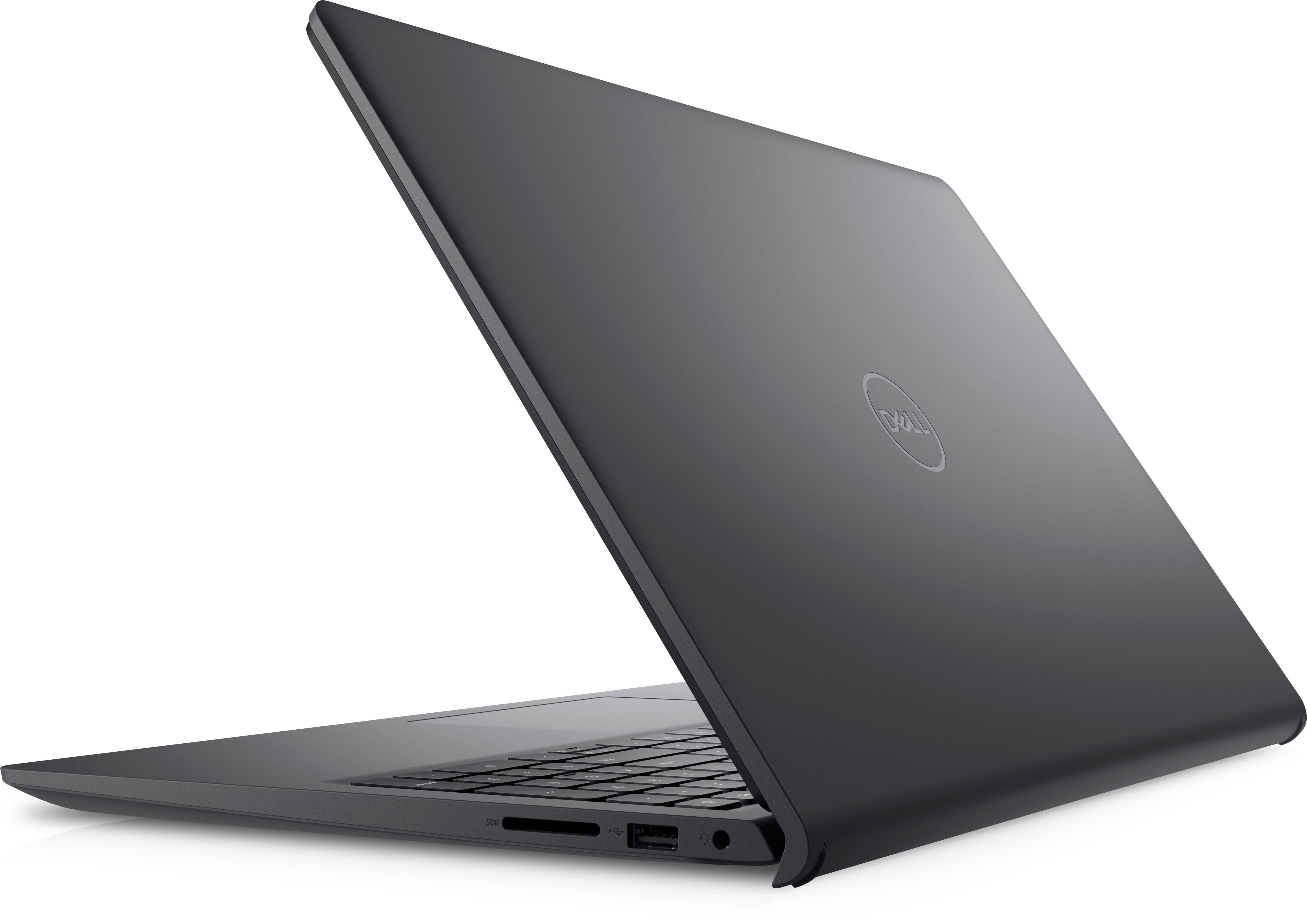 Dunkelgrauer Dell Laptop, in einem Winkel geöffnet. Schwarze Tastatur und Bildschirm.