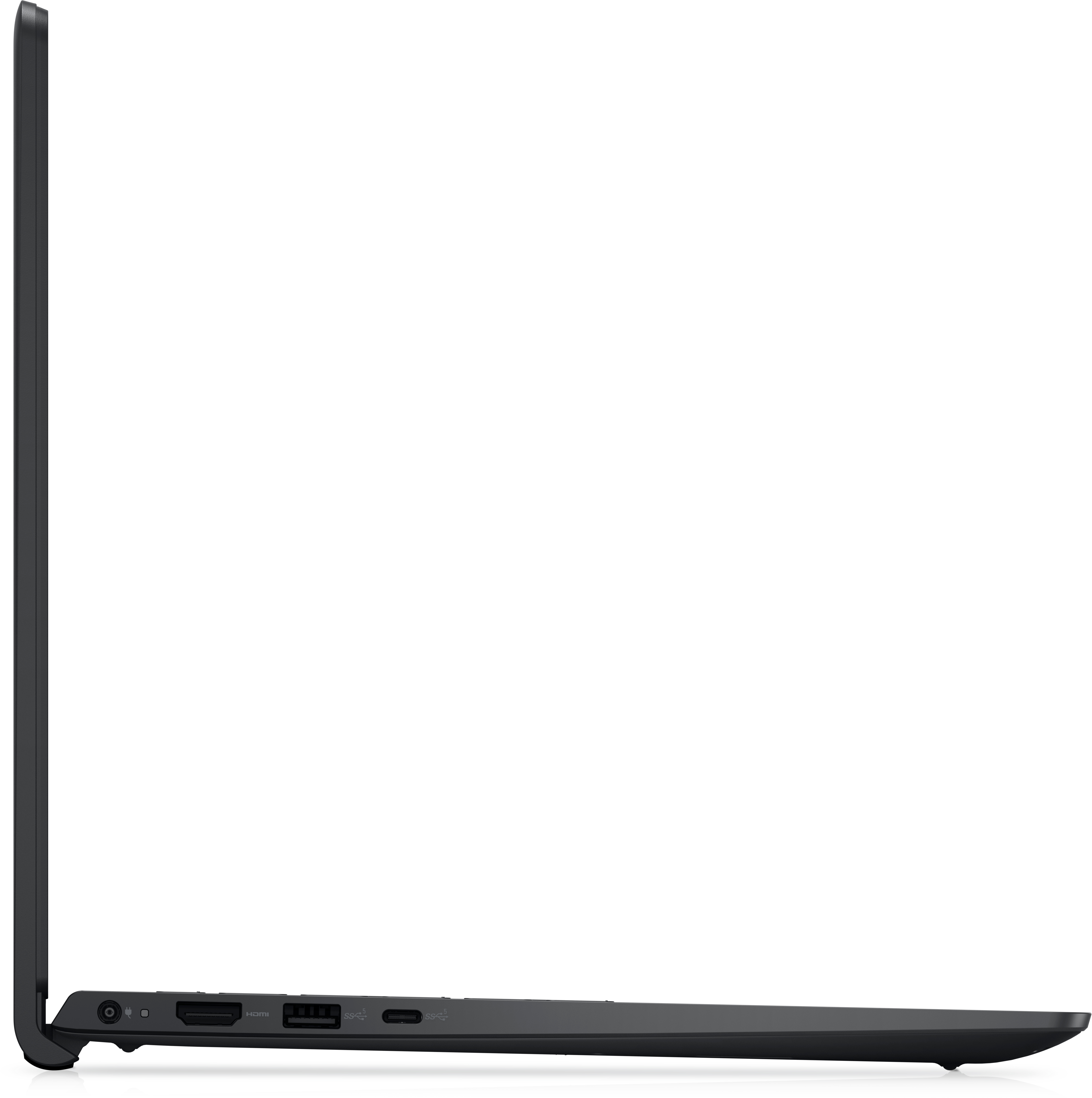 Laptop Seitenansicht, schwarz, dünn, Anschlüsse sichtbar, leerer Bildschirm.