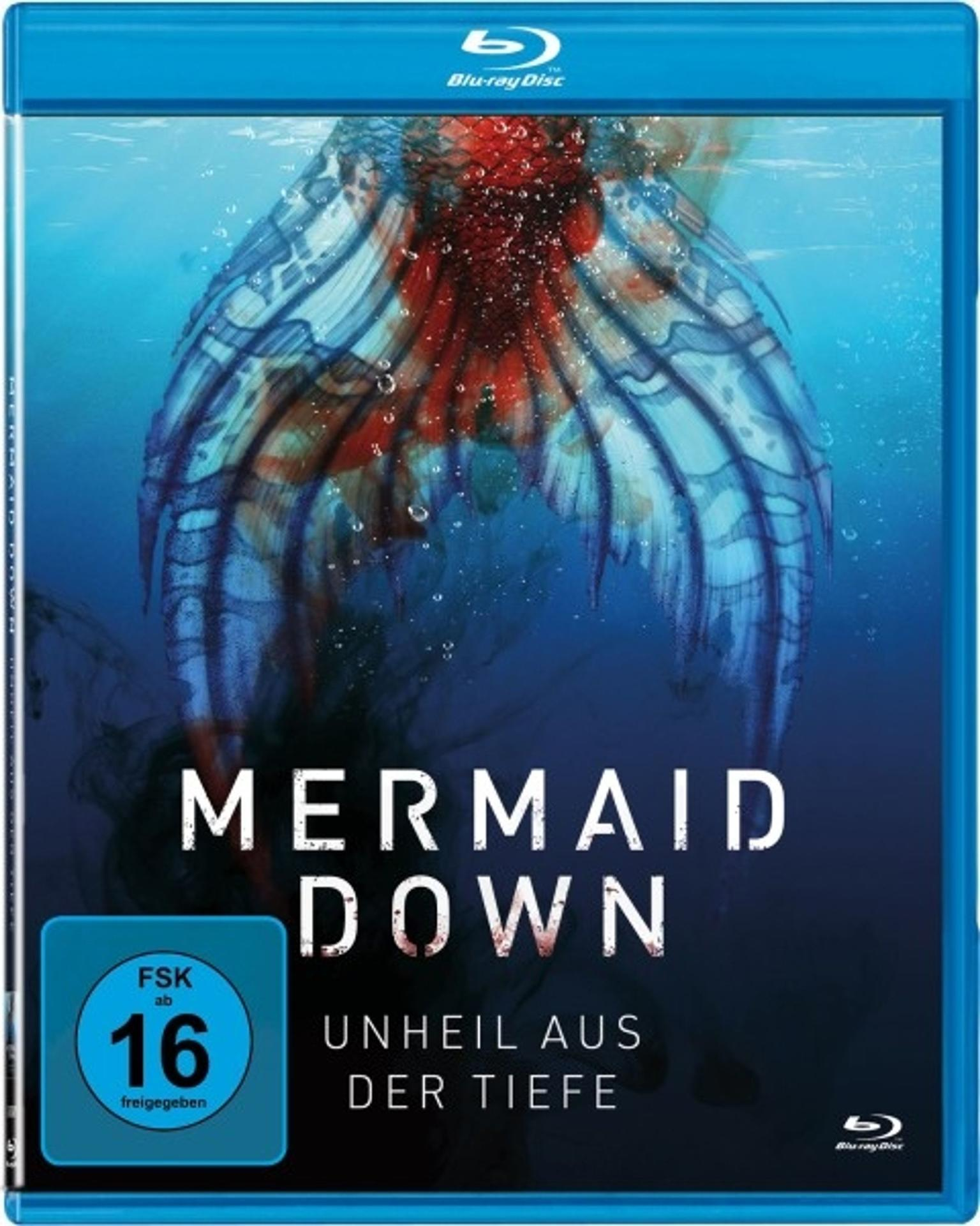 Blu-ray-Disc-Cover für 'Mermaid Down'. Zeigt eine Meerjungfrauenflosse und eine dunkle Unterwasserszene.