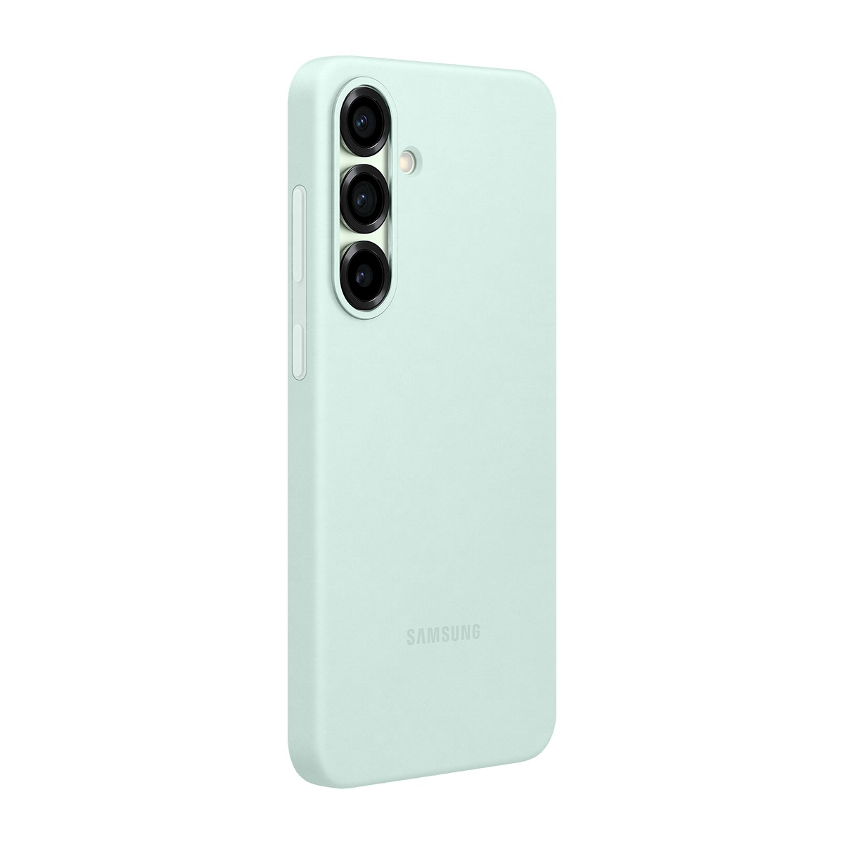 Açık yeşil bir akıllı telefon kılıfı. Arka kameraları ve Samsung logosunu beyaz bir arka plan üzerinde gösteriyor.