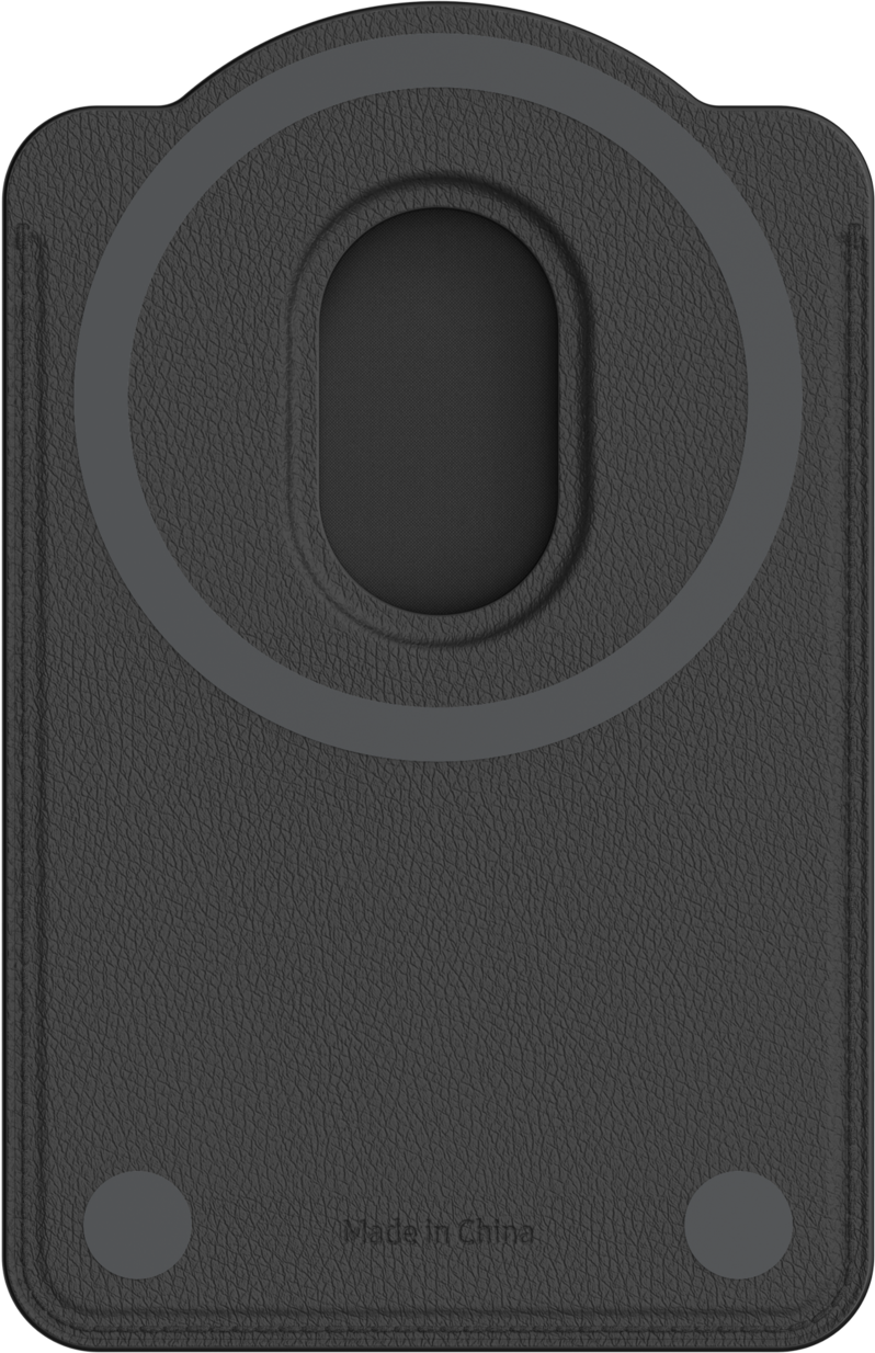 Portafoglio nero in pelle con un cerchio grigio e interno grigio scuro.