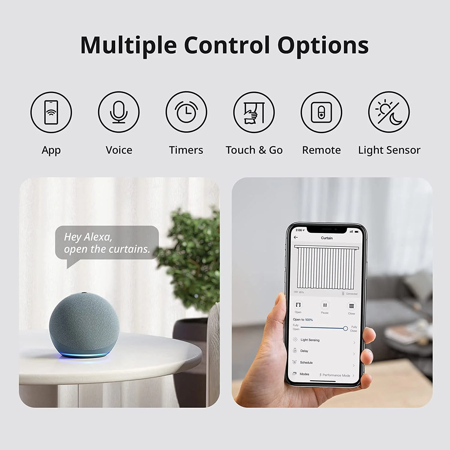 Plusieurs options de contrôle pour rideaux intelligents avec icônes d'application, voix, minuteries, etc.