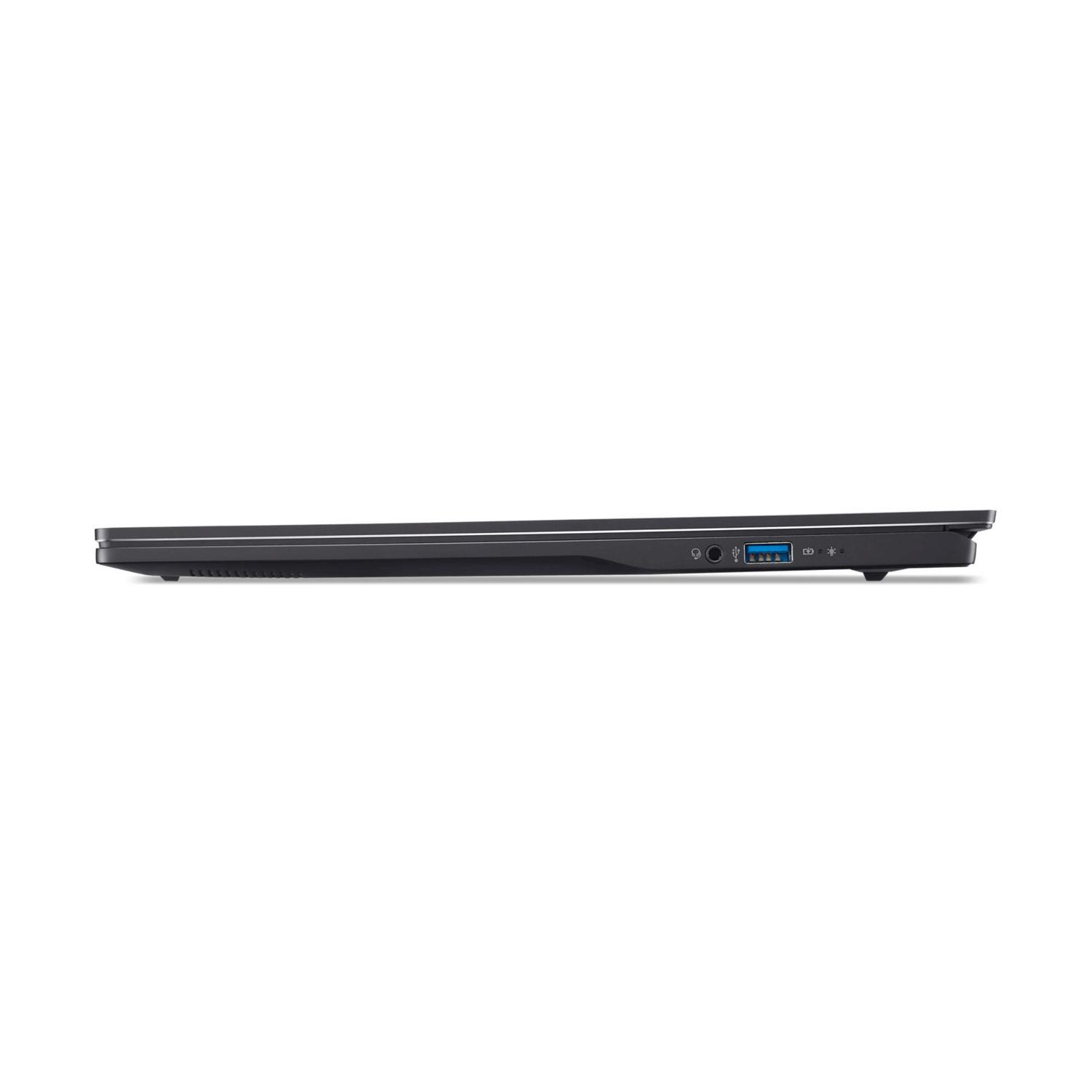 Vista laterale di un laptop nero con varie porte e una porta USB blu visibile.