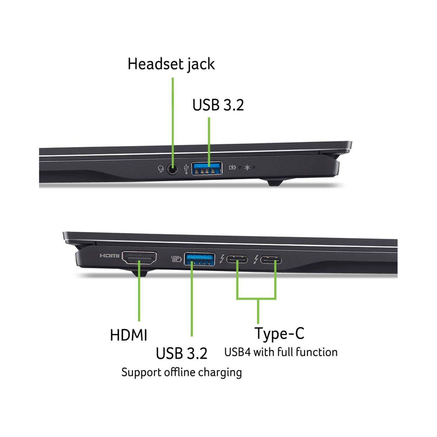 Vista laterale di un laptop che mostra le porte: HDMI, USB 3.2, Type-C e jack per cuffie.