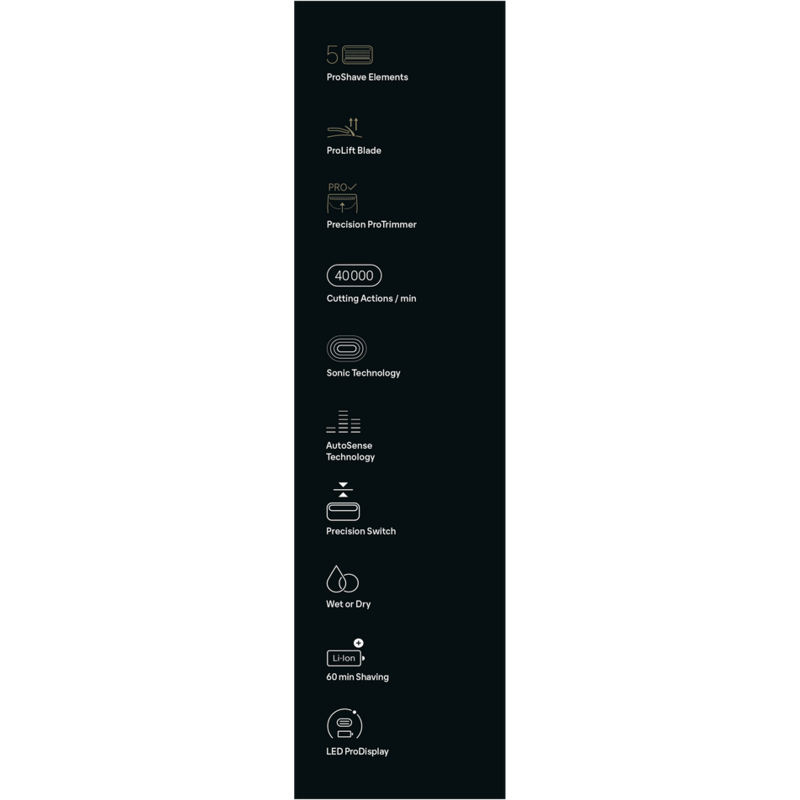 Panel negro vertical con iconos y texto que detallan las características de una afeitadora.
