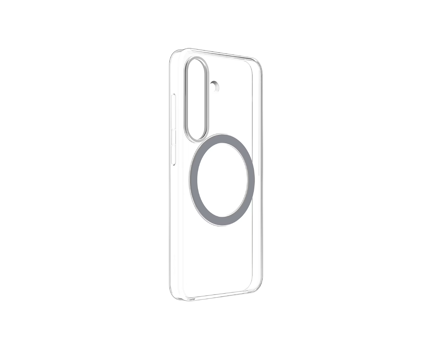 Funda transparente con un imán circular gris sobre fondo blanco.