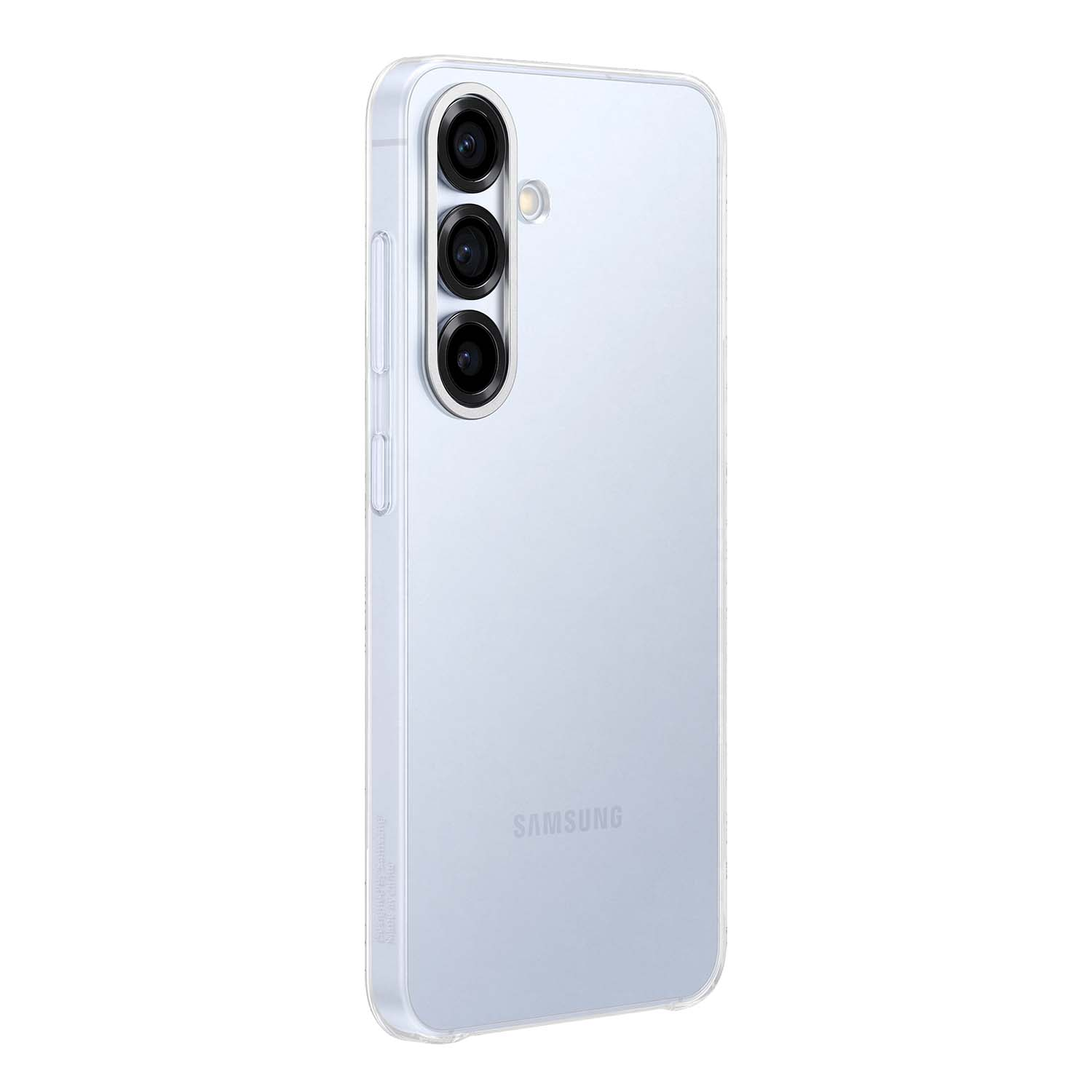 Funda transparente en un teléfono. Tres cámaras visibles. Logo Samsung abajo.