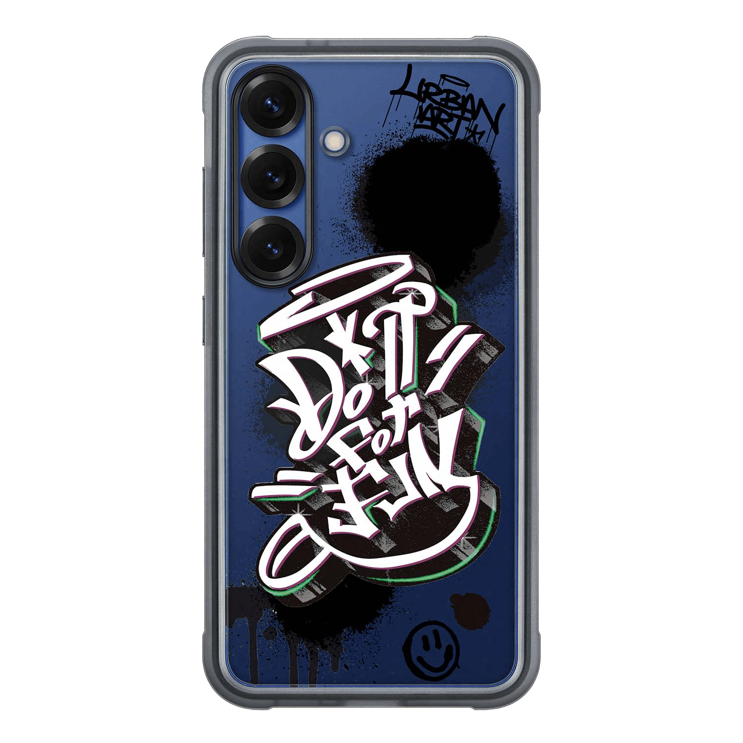Funda de teléfono azul con graffiti, con las palabras 'Do It For Fun'.