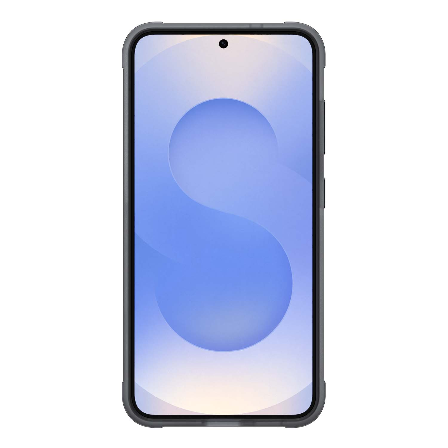 Un teléfono negro en una funda protectora gris, que muestra un gráfico circular azul en la pantalla.