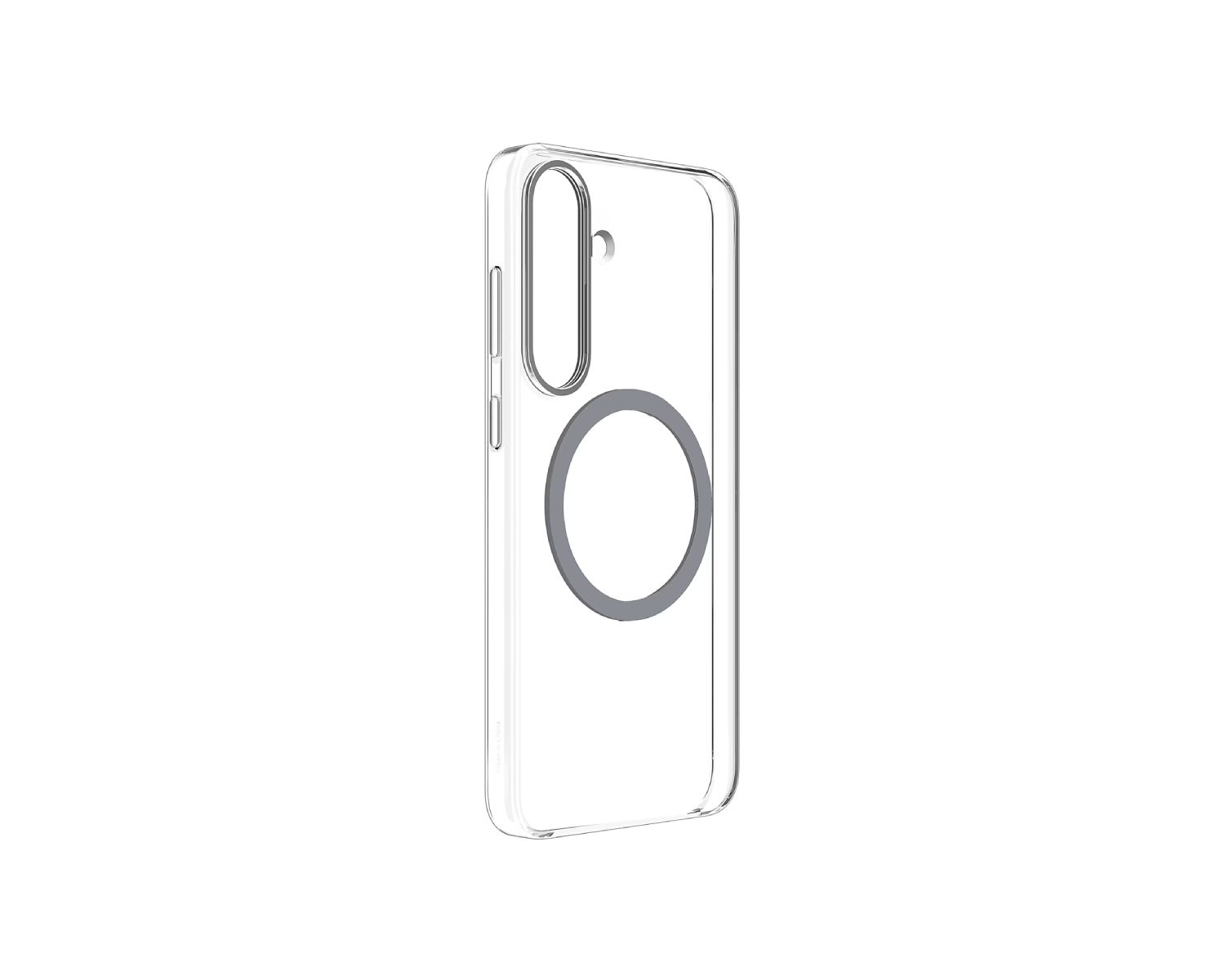 Funda transparente para teléfono con un círculo gris. La funda es transparente.