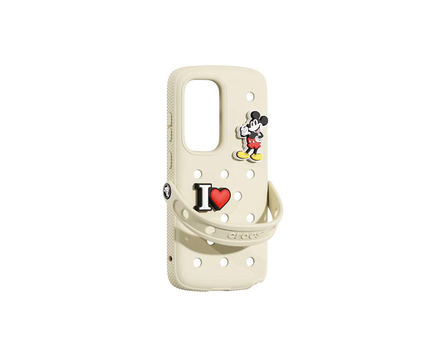 Funda de teléfono crema con Mickey Mouse y logo 'I ❤️'.