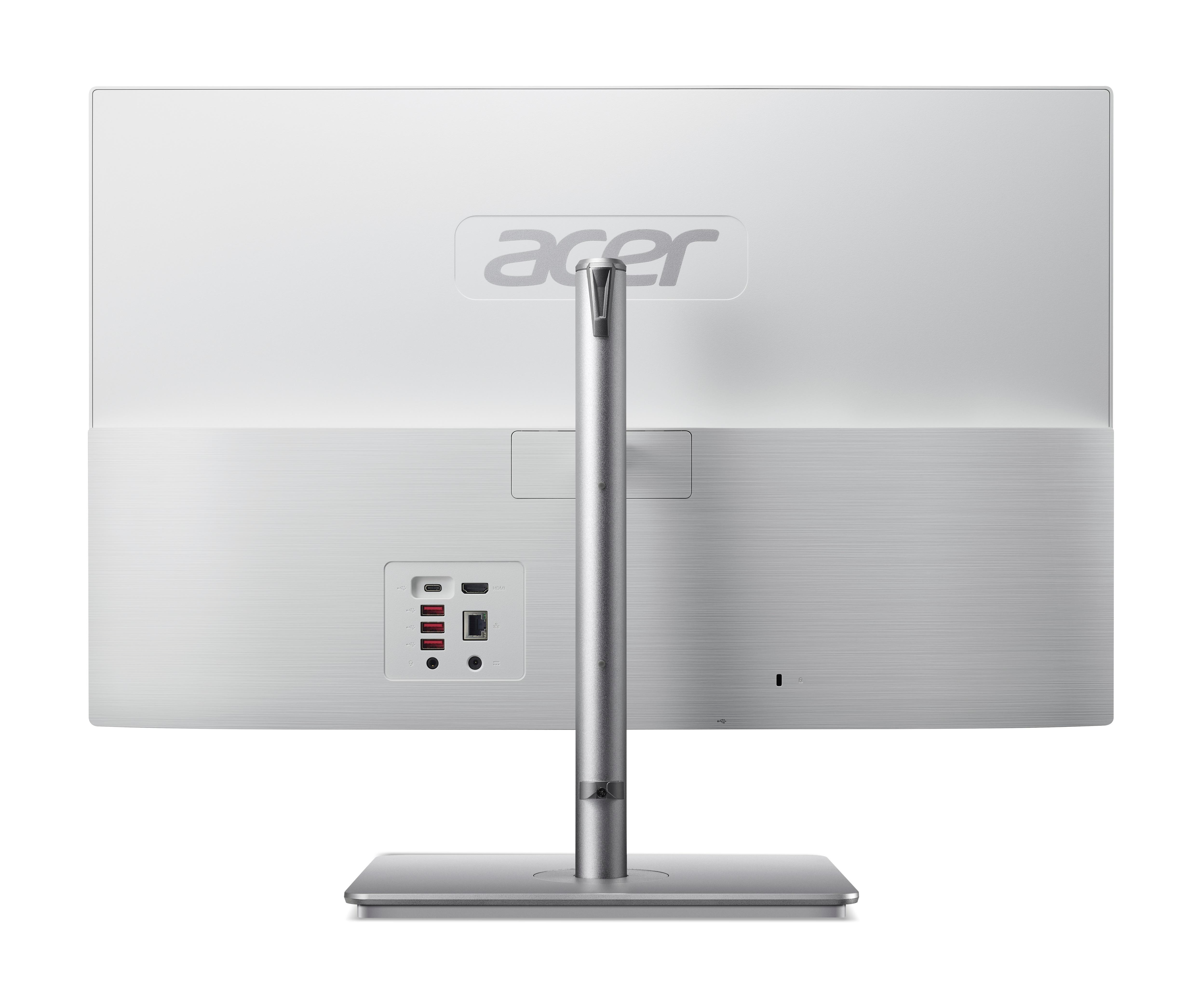 Rückseite eines weißen Computermonitors mit Ständer und Anschlüssen, Acer-Logo sichtbar.