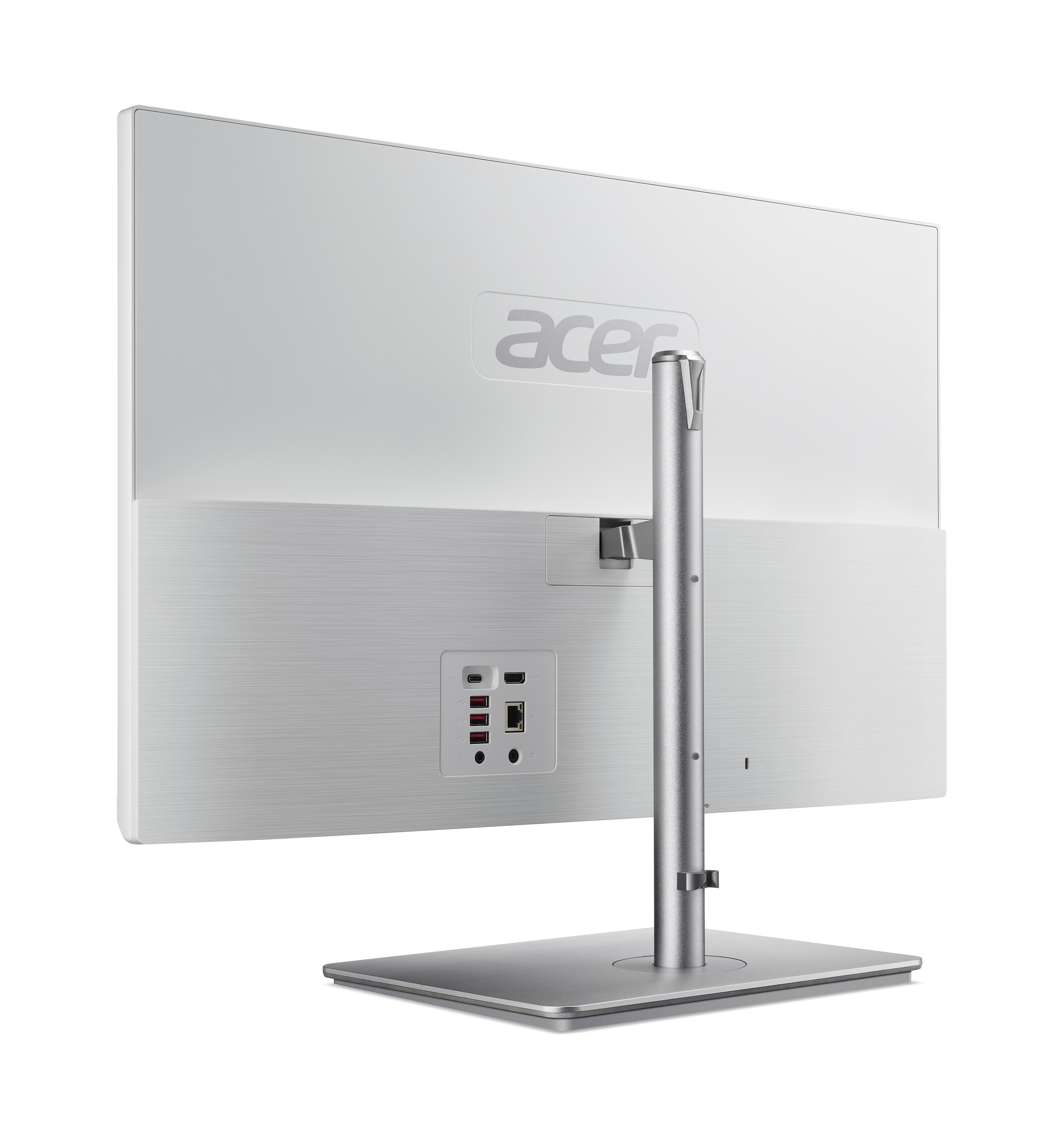 Weißer Acer-Computerbildschirm, Rückansicht, mit Acer-Logo und Anschlüssen auf Metallständer.