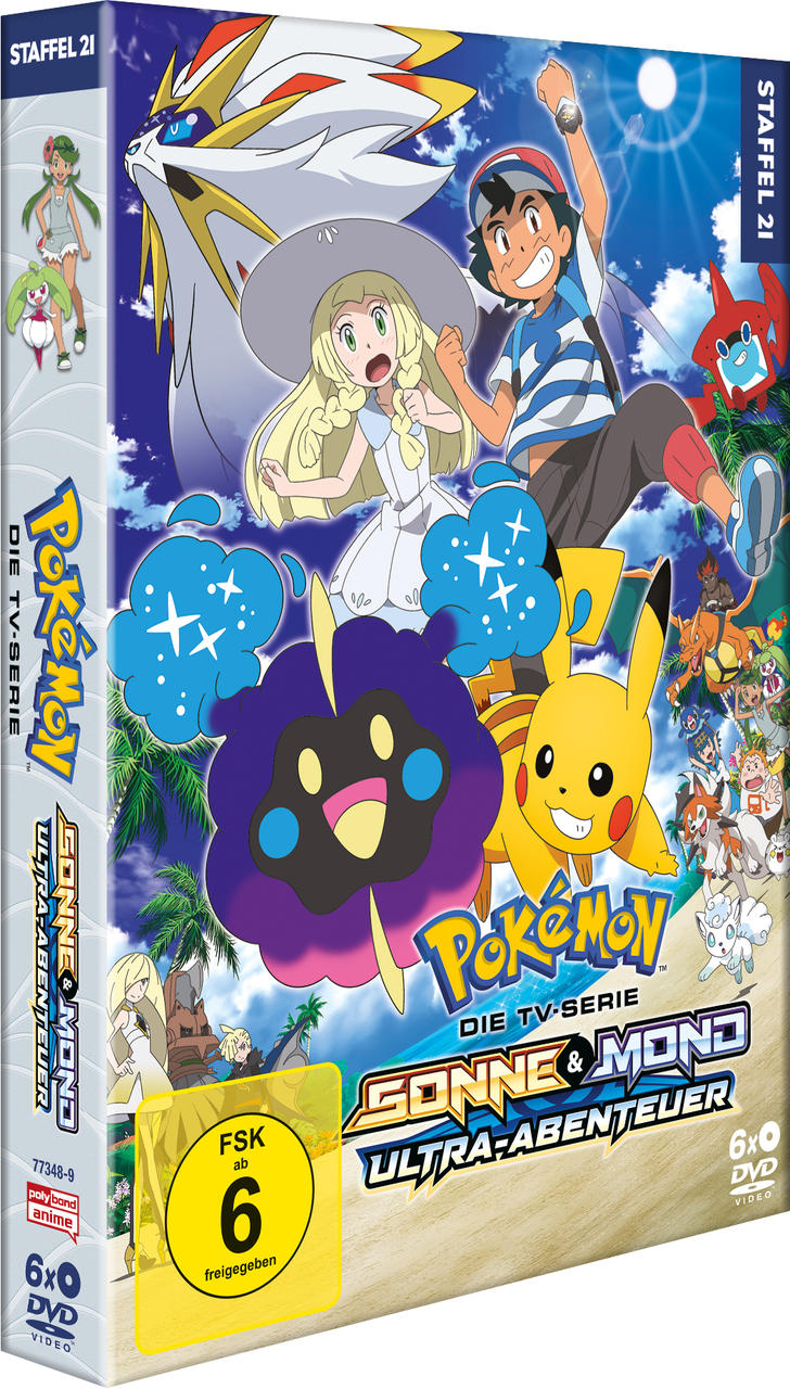 Eine DVD-Hülle für eine Pokémon-Anime-Serie mit Charakteren und dem Titel 'Sonne & Mond Ultra-Abenteuer'.
