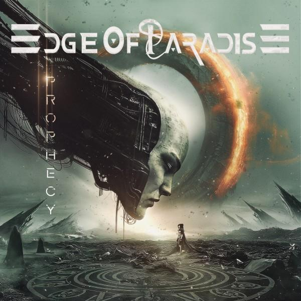 Albumcover mit futuristischem Design, Frauengesicht und Text 'Edge of Paradise'.
