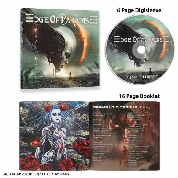Albumcover, CD und Booklet der Band Edge of Paradise, mit Fantasy-Art-Stil.
