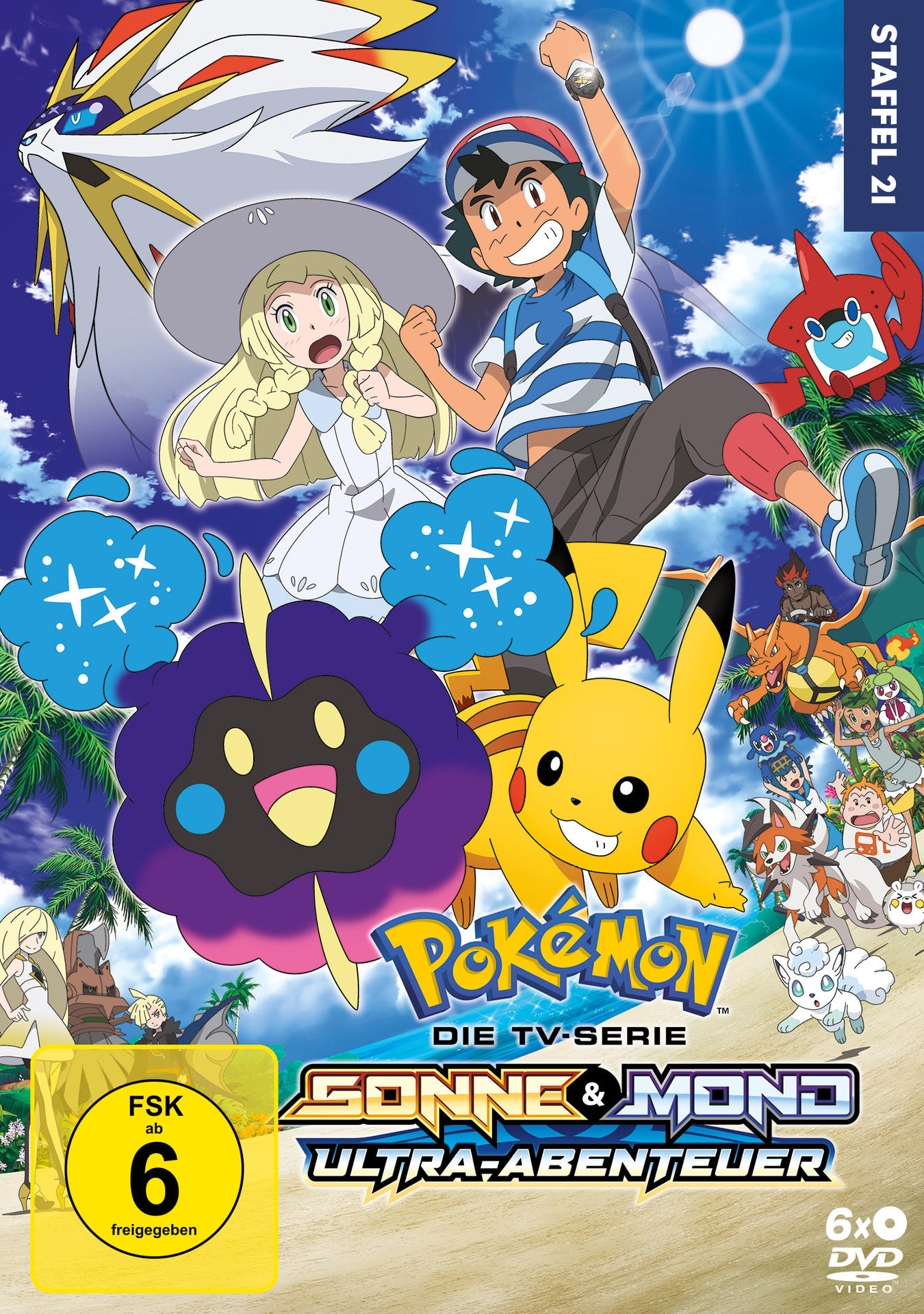 Pokemon DVD-Cover, Zeichentrickfiguren. Ash, Pikachu, Lillie. Blauer Himmel.