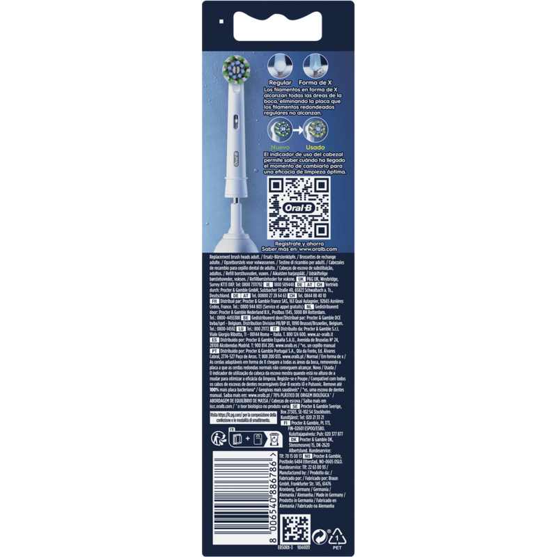 La parte trasera de una caja de cabezales de cepillo de dientes Oral-B.