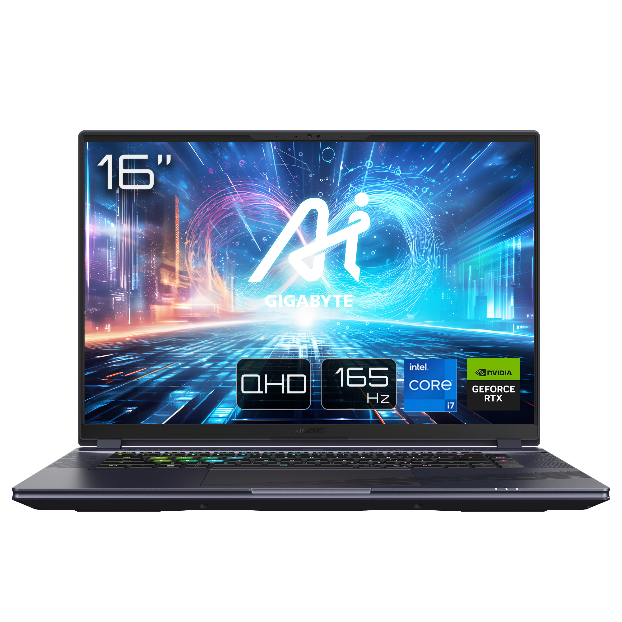 16-Zoll-Gaming-Laptop mit Bildschirm, der Grafiken anzeigt. Die Marke ist Gigabyte AORUS.