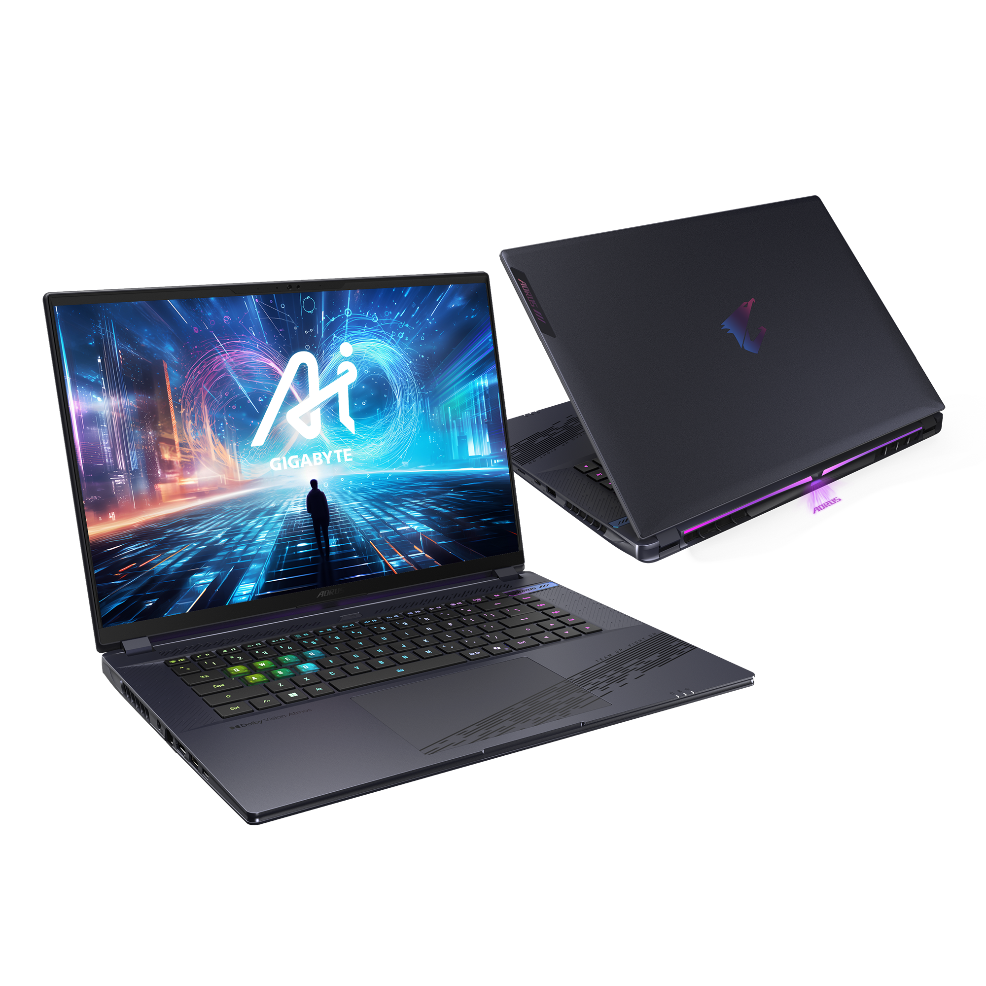 Laptops geöffnet, Bildschirm und Draufsicht. Das Logo lautet GIGABYTE.