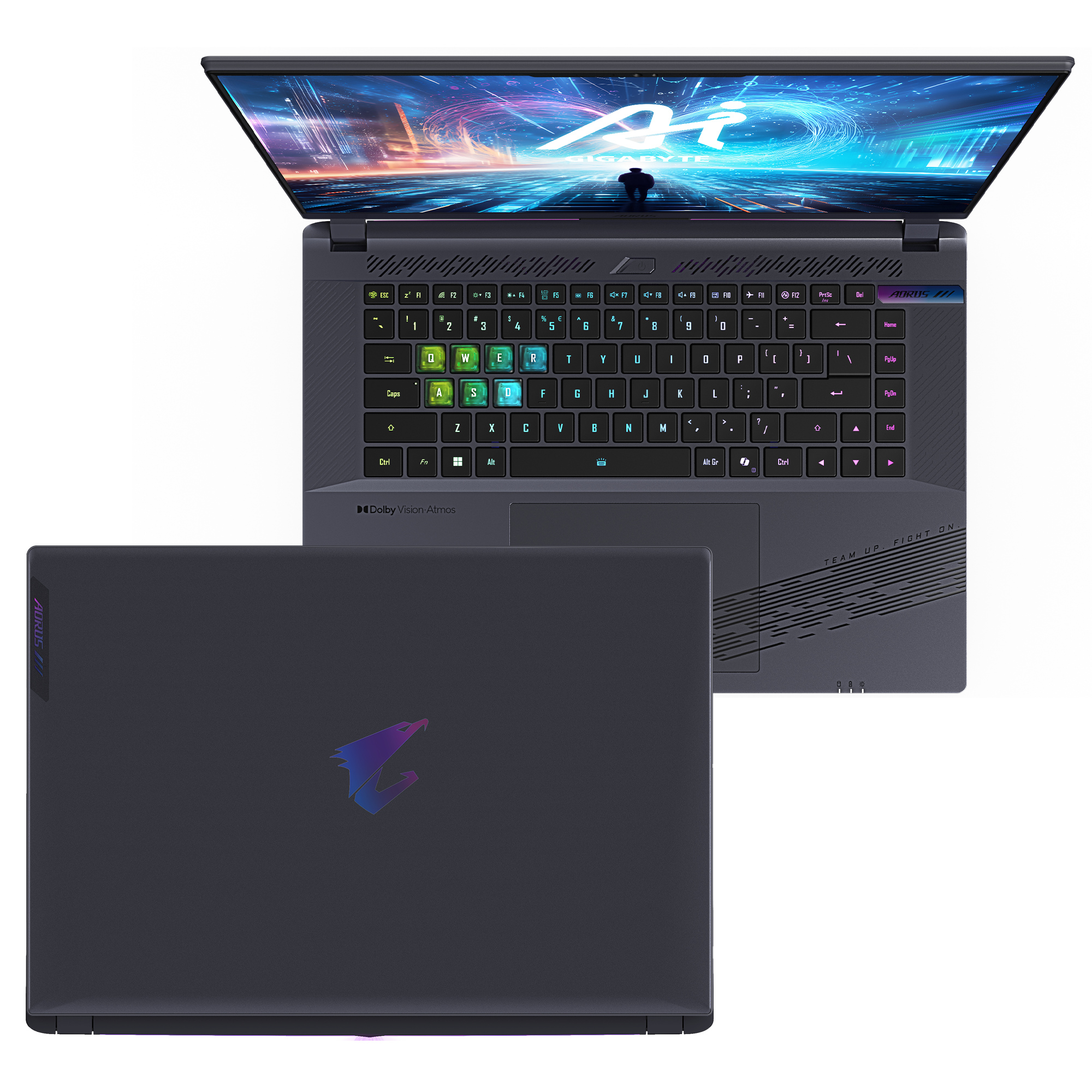 Laptop mit geöffnetem Bildschirm; Tastatur sichtbar, mit farbigen Tasten. Zusätzlicher Laptop unten.
