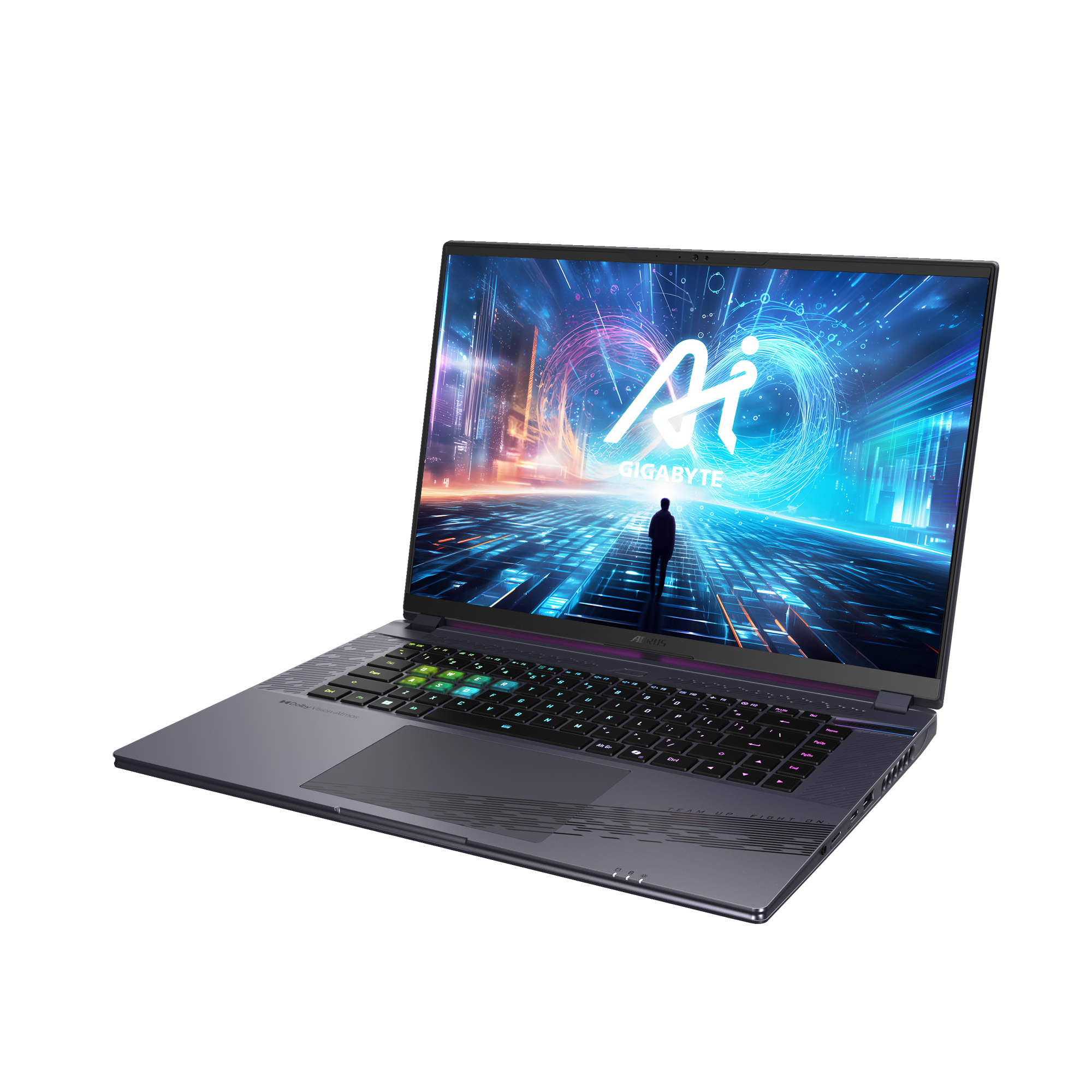 Laptop mit beleuchteter Tastatur und AI GIGABYTE Text auf dem Bildschirm. Schwarzer Hintergrund.