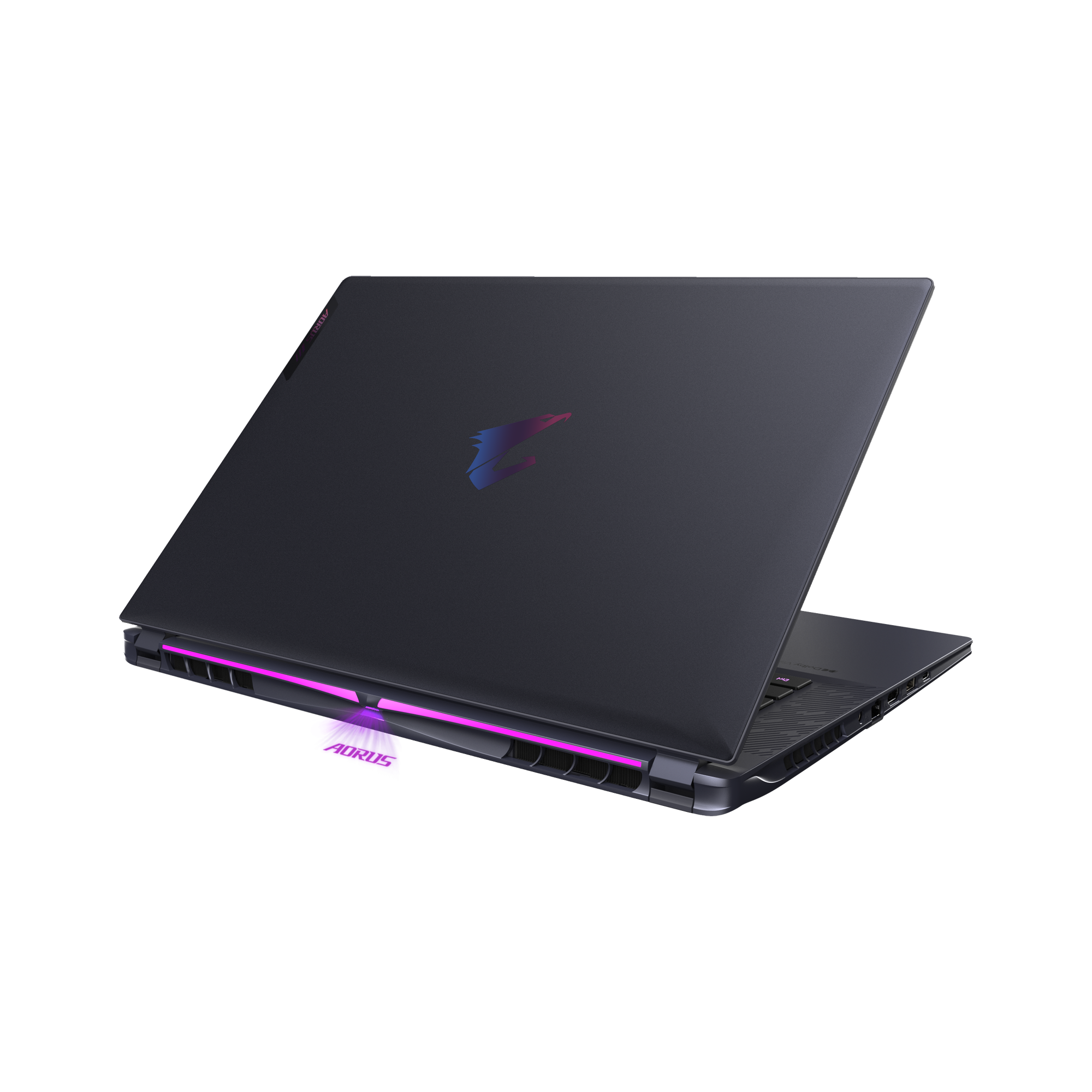 Ein schwarzer Laptop mit Logo auf der Rückseite, geöffnet mit lila Licht.
