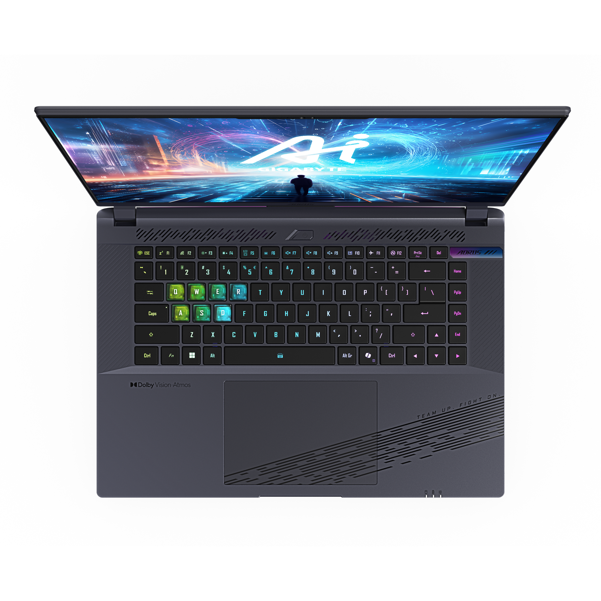 Laptop mit Tastatur, Trackpad und Logo-Anzeige auf dem Bildschirm. Auf dunkler Oberfläche.