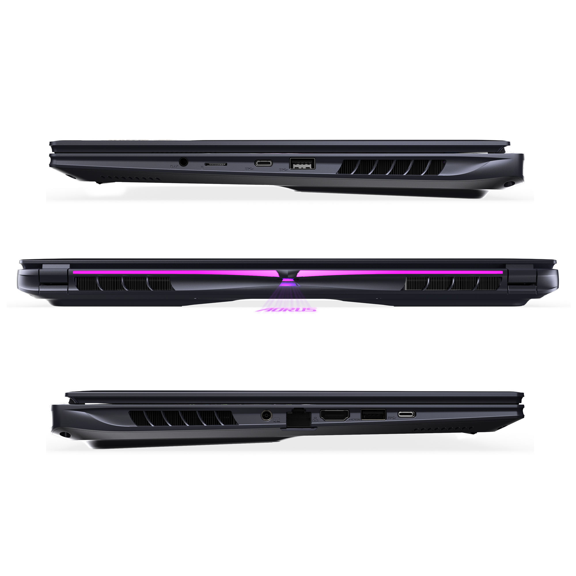 Laptop-Seitenansichten, schwarz, mit Lüftern und Anschlüssen. Drei verschiedene Winkel.