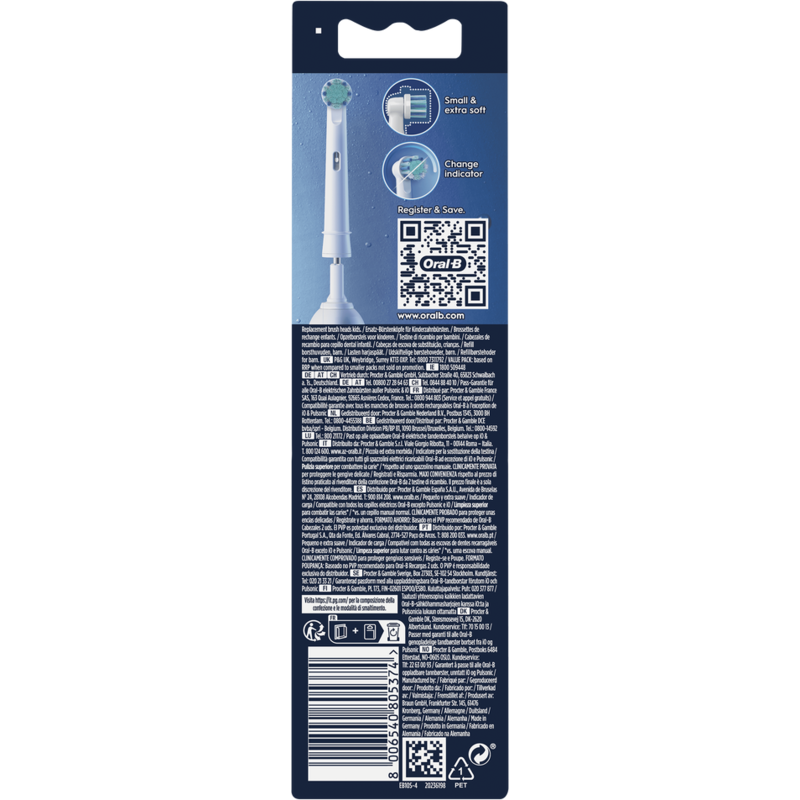 Embalaje de un cabezal de cepillo de dientes Oral B, con texto y un código QR, y un fondo blanco.