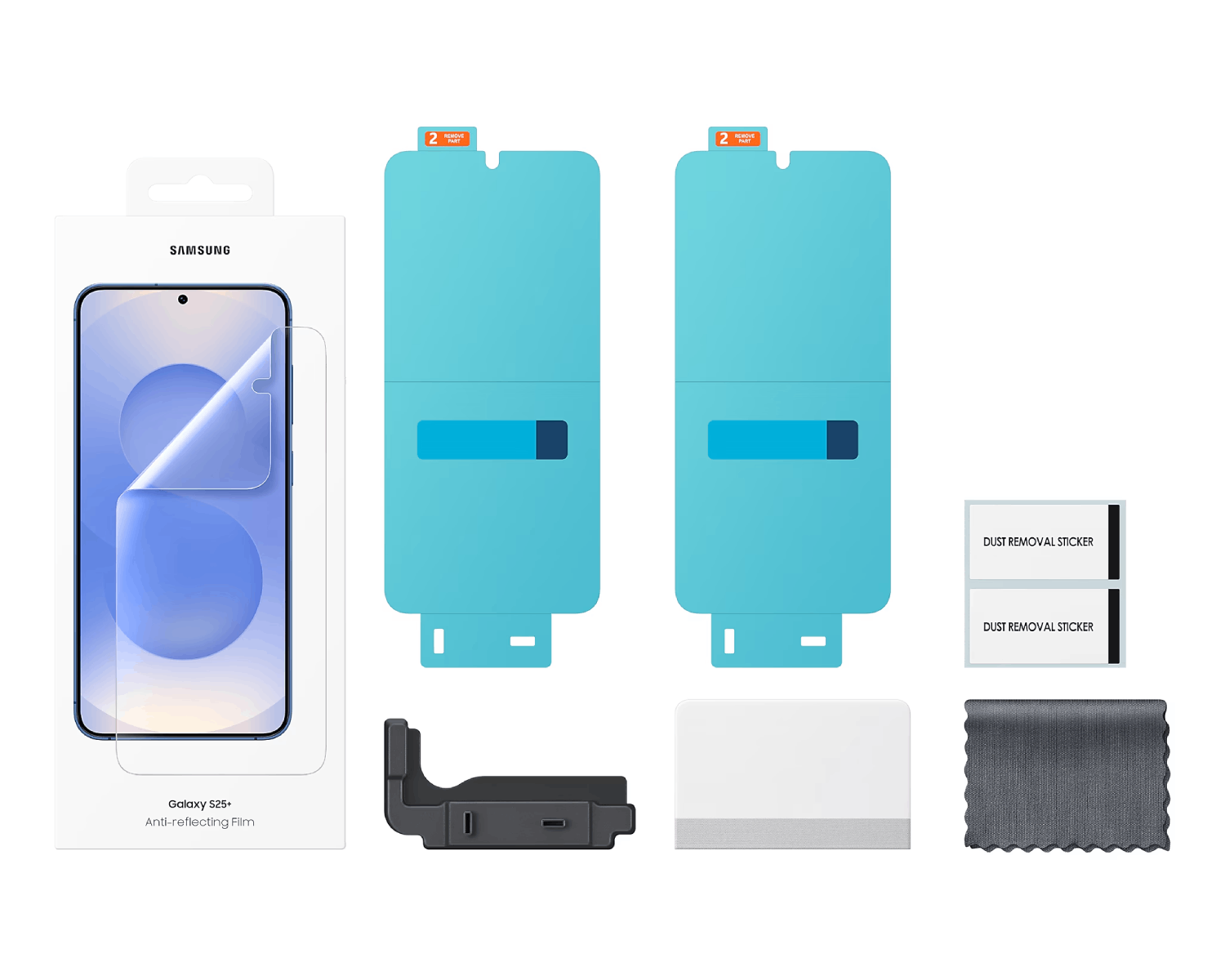 Embalaje del producto con teléfono, protector de pantalla y accesorios.