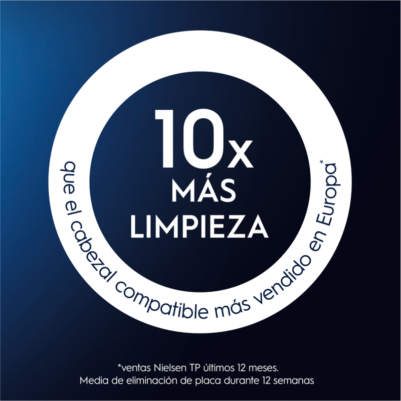 Círculo blanco con texto: 10x más limpieza. Texto en español sobre fondo azul oscuro.