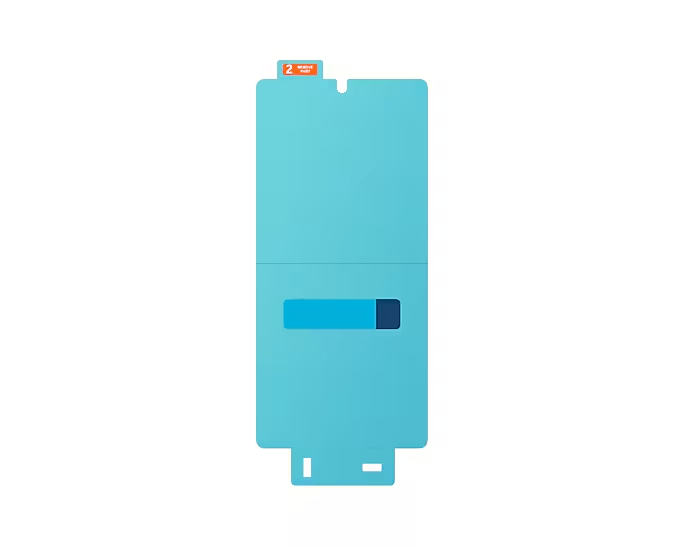 Un protector de pantalla azul claro con un recorte rectangular y una etiqueta.