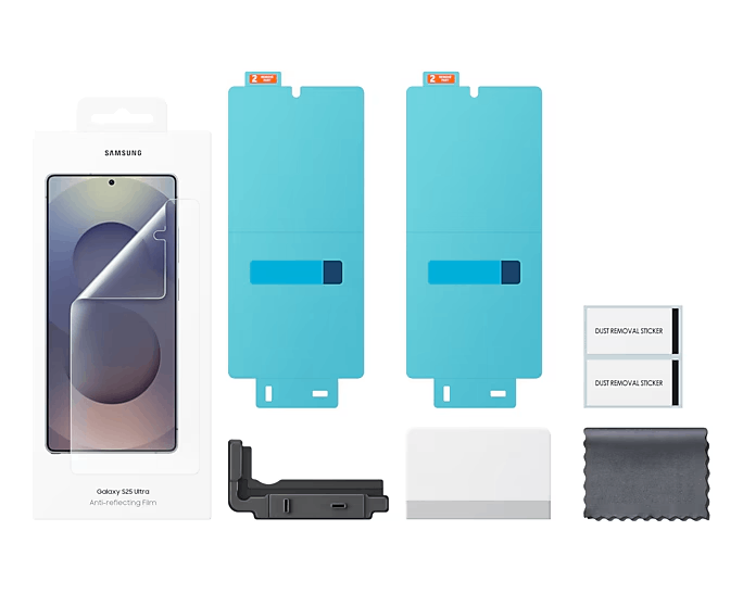 Protectores de pantalla y accesorios. Incluye películas, pegatinas, herramientas y un paño de limpieza.