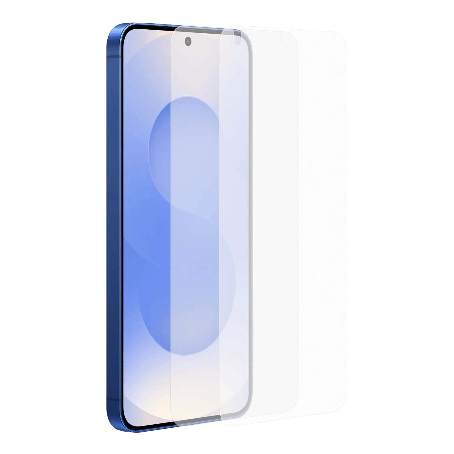 Un smartphone está colocado detrás de un protector de pantalla. Hay un fondo blanco.