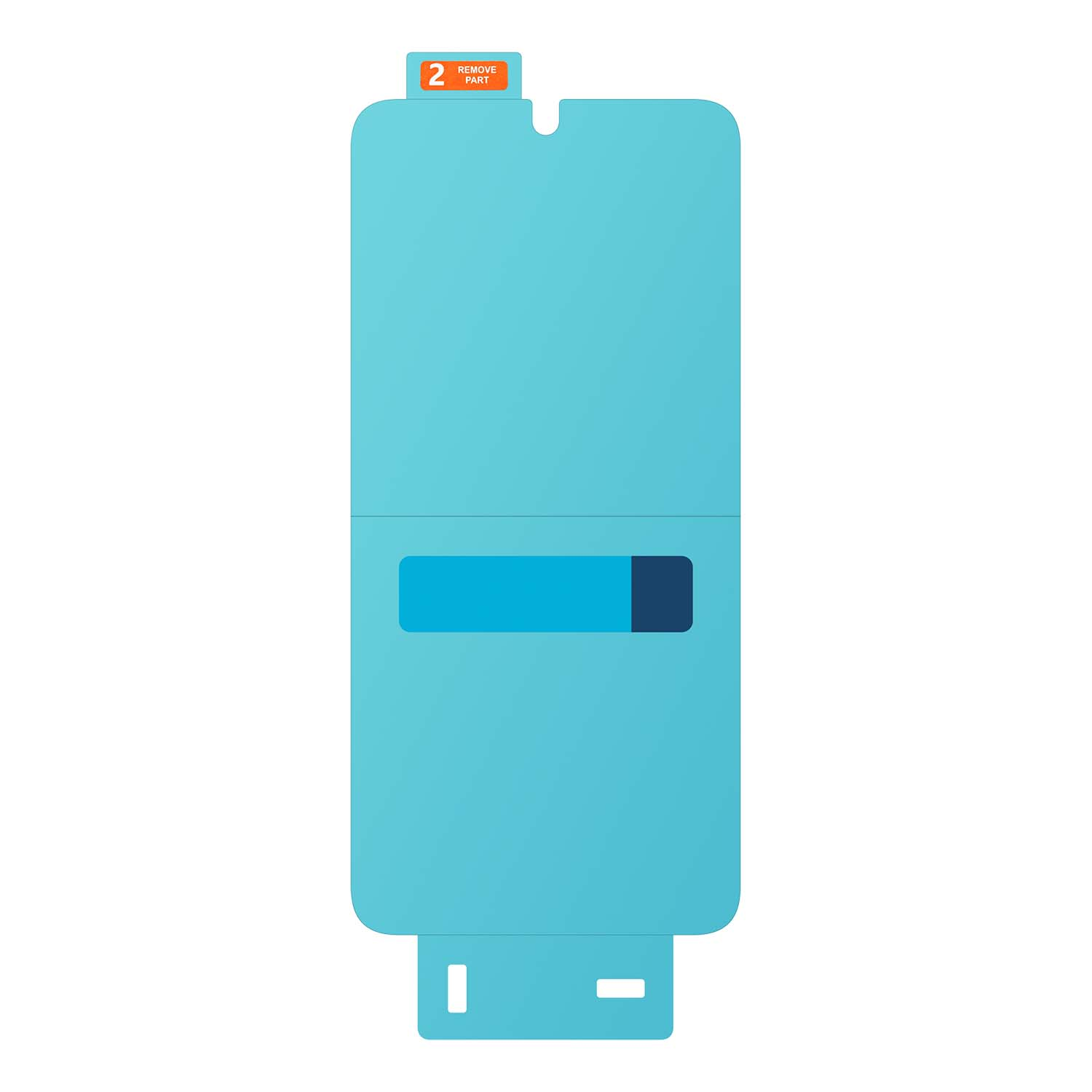 Protector de pantalla azul con una pestaña para quitar. Tiene un rectángulo azul.