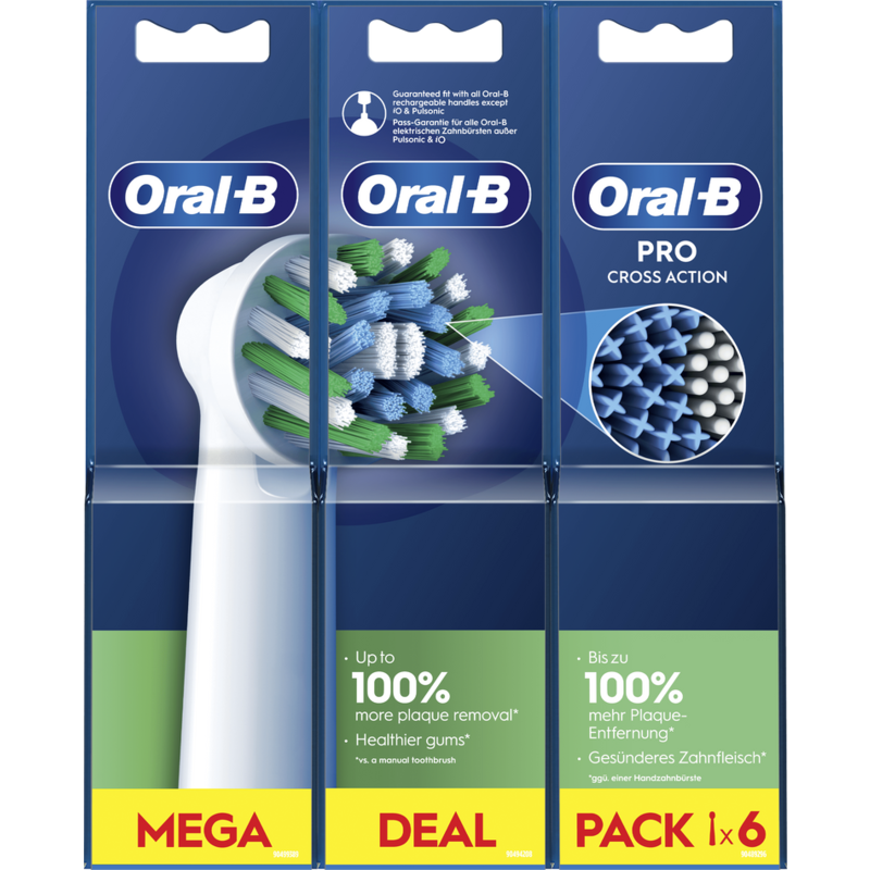 Tres paquetes de cabezales de cepillo de dientes Oral-B. Los paquetes muestran el producto y texto.