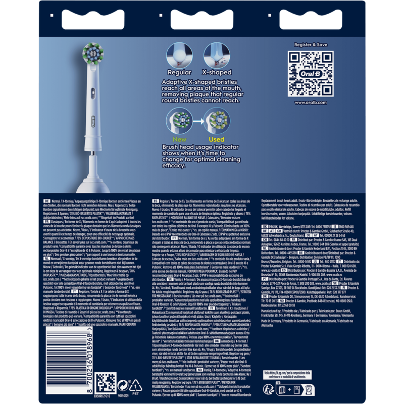 Embalaje que muestra detalles del cabezal del cepillo de dientes. Texto en varios idiomas.