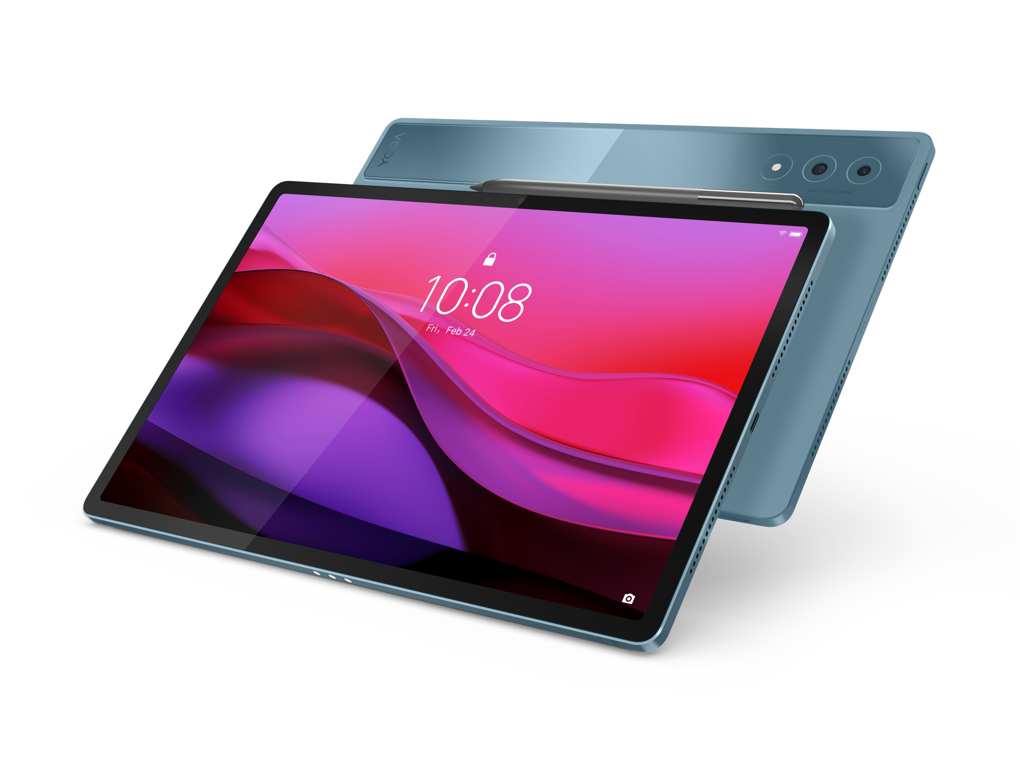 Blaues Tablet mit pinkfarbenem Bildschirm, der die Uhrzeit anzeigt. Oben liegt ein Stift. Die Rückseite ist blau.