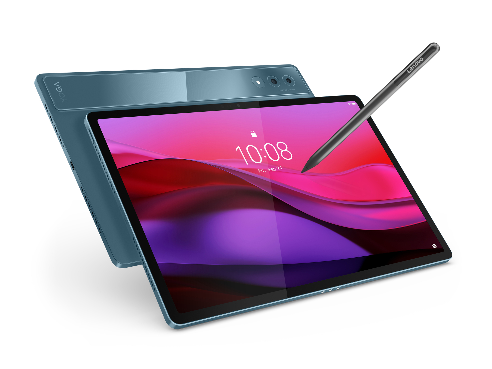 Blaues Tablet und Stift auf weißem Hintergrund. Der Bildschirm zeigt eine Uhr. Rückseite des Tablets sichtbar.