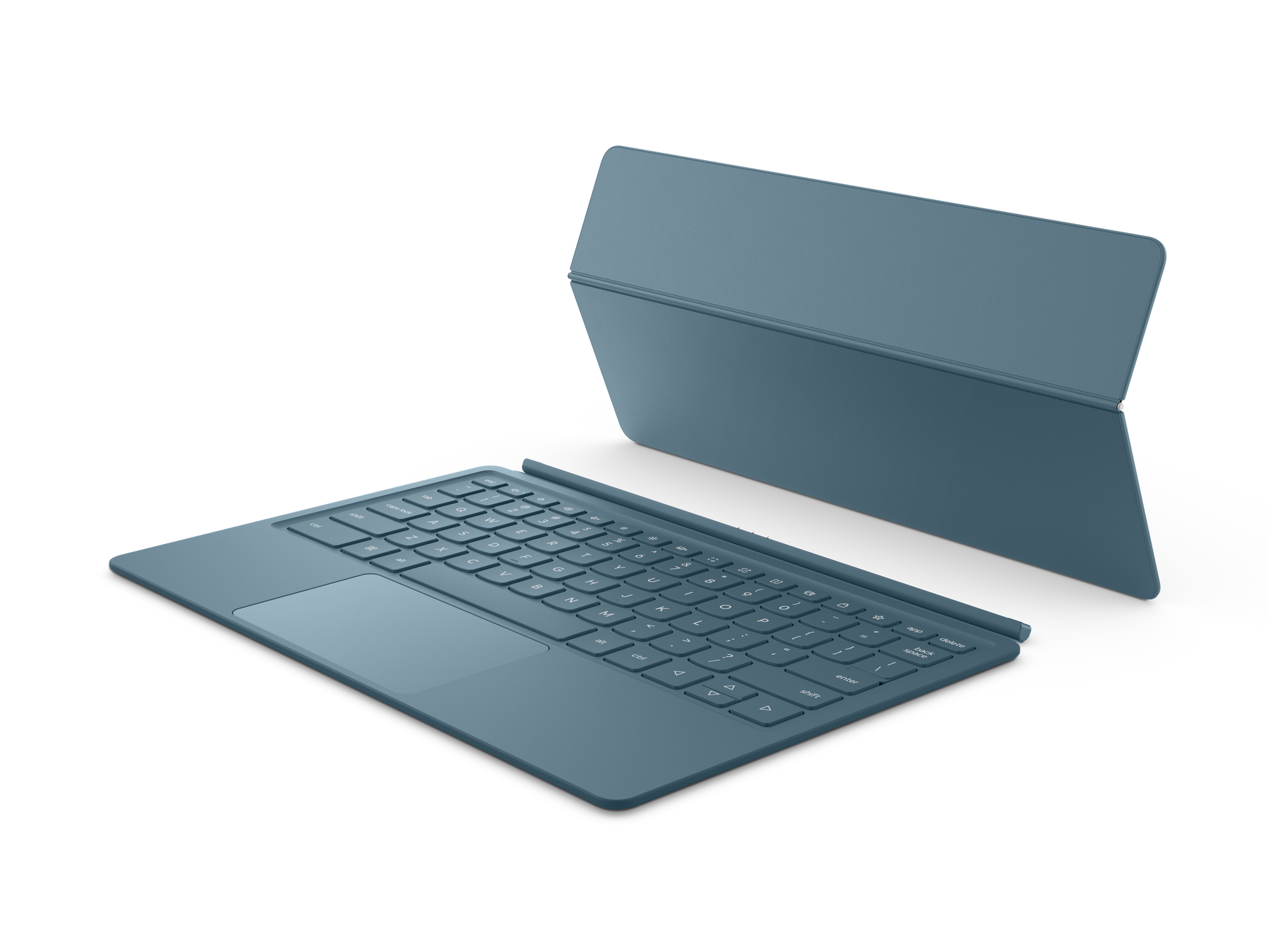 Eine blaue Tablet-Tastatur und -Abdeckung öffnen sich auf weißem Hintergrund.