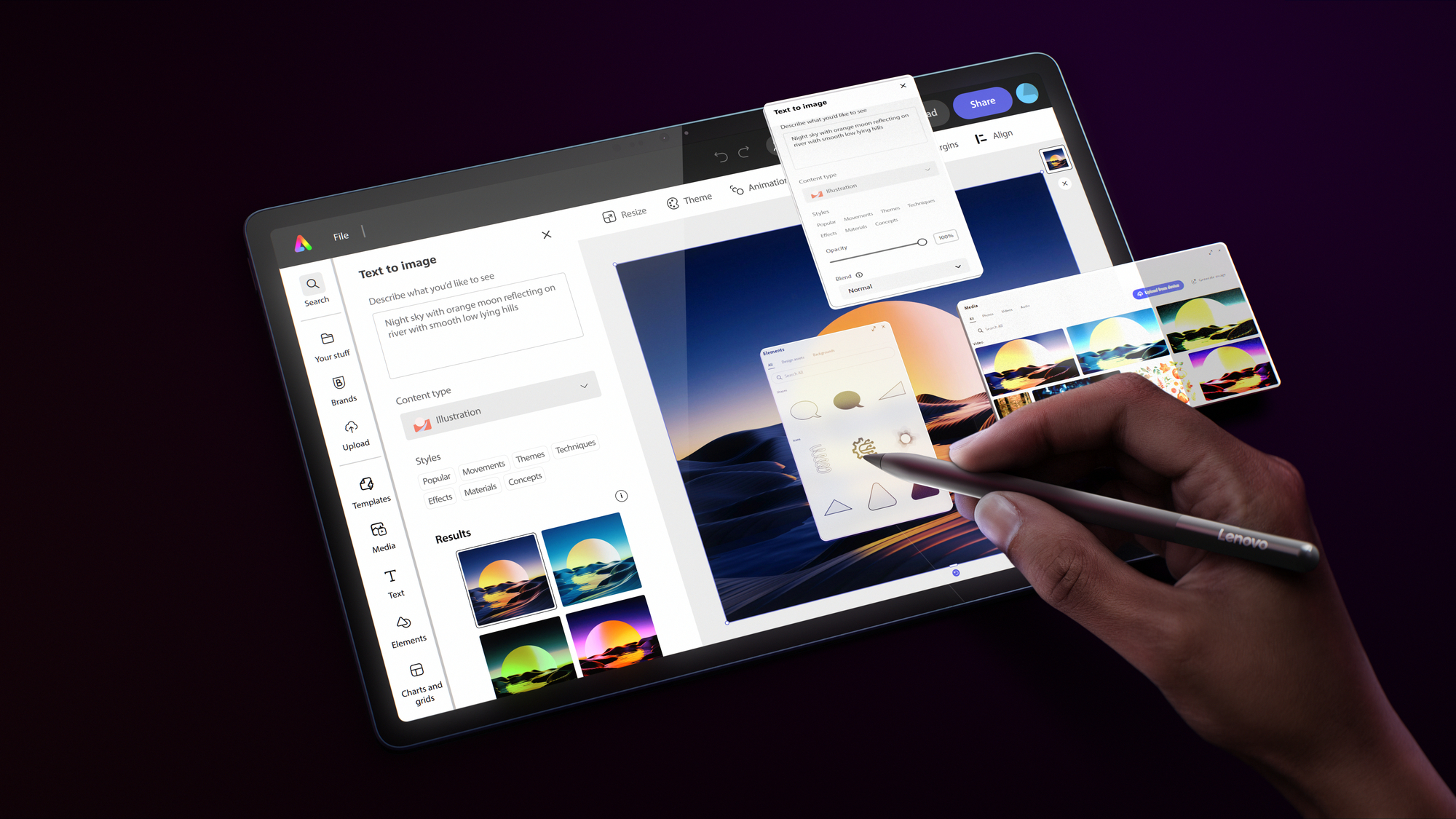Tablet mit Benutzeroberfläche, Stift zeigt auf den Bildschirm.