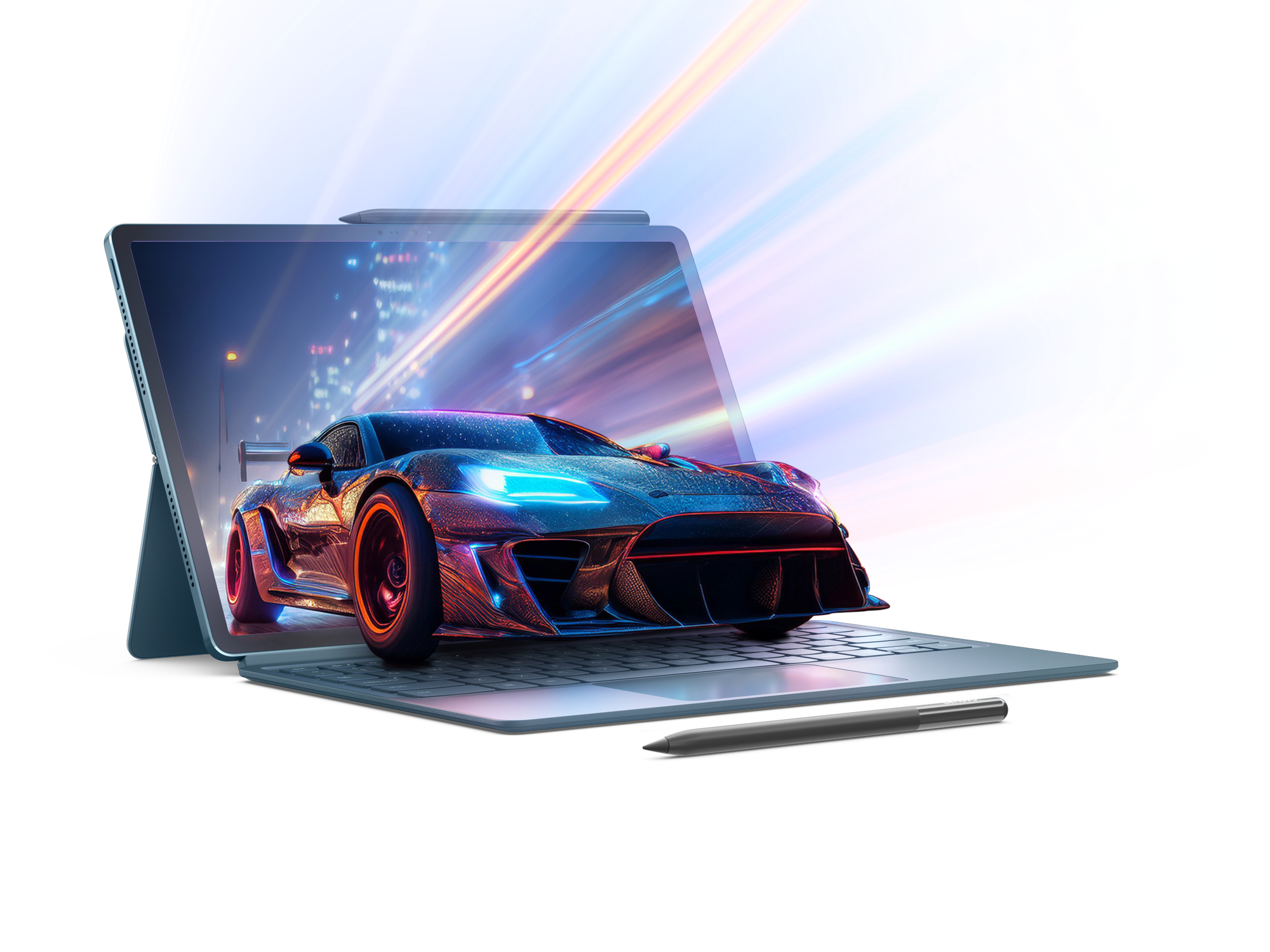 Laptop-Bildschirm zeigt Sportwagen. Stift auf dem Tisch. Lichteffekte um das Auto.