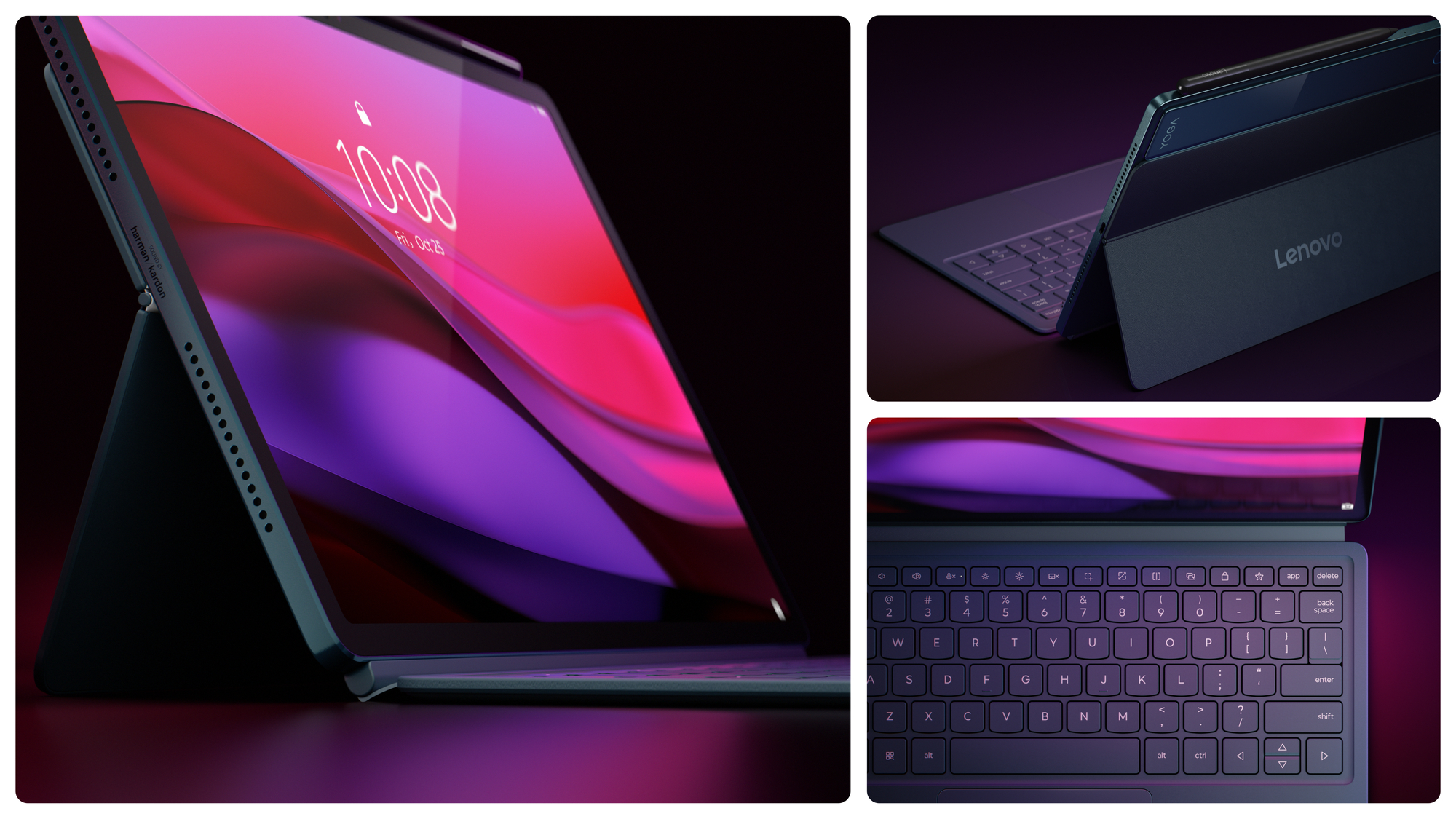 Tablet mit Tastatur, zeigt Sperrbildschirm. Dunkler Hintergrund.