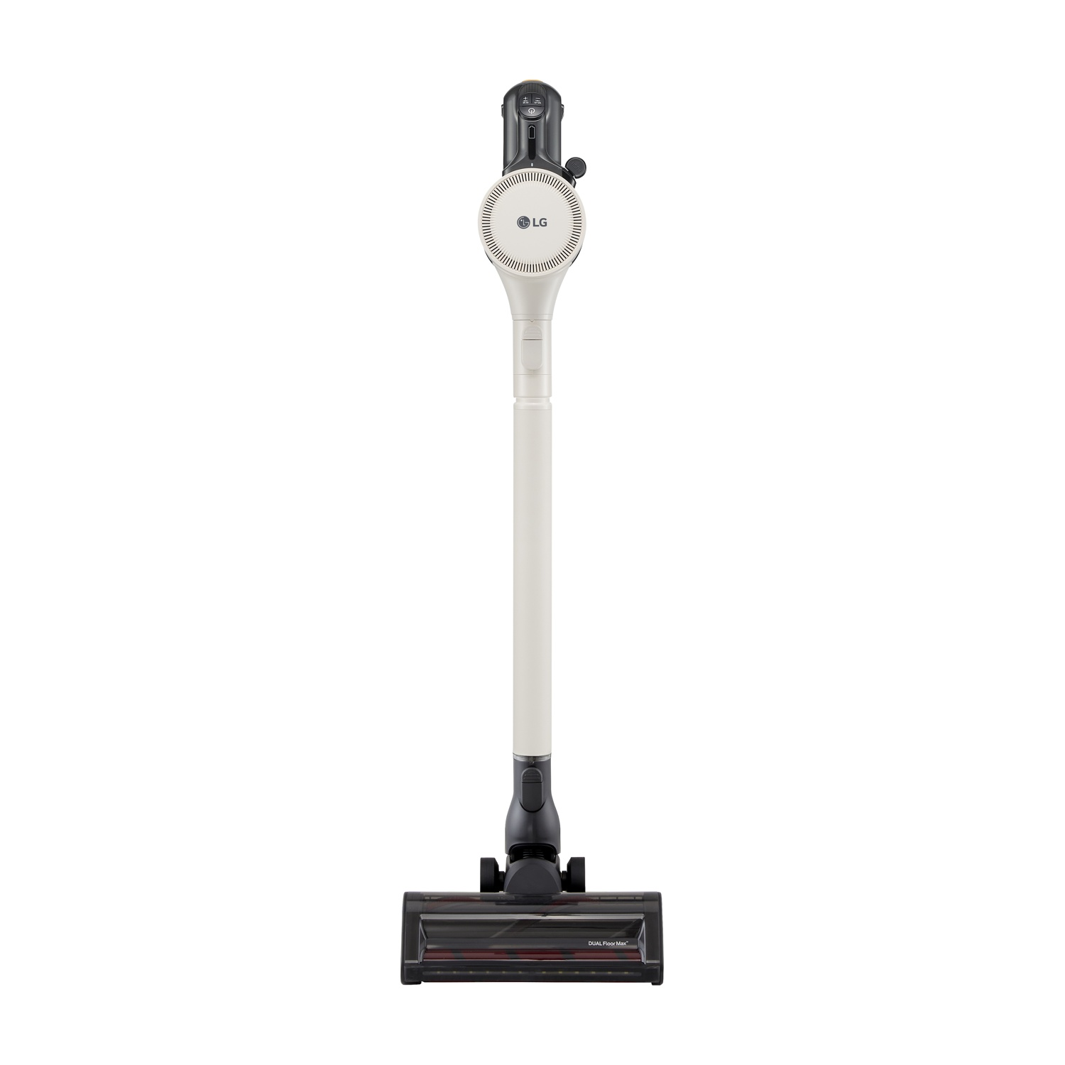 Aspirapolvere senza filo LG bianco e nero, verticale, su sfondo bianco.