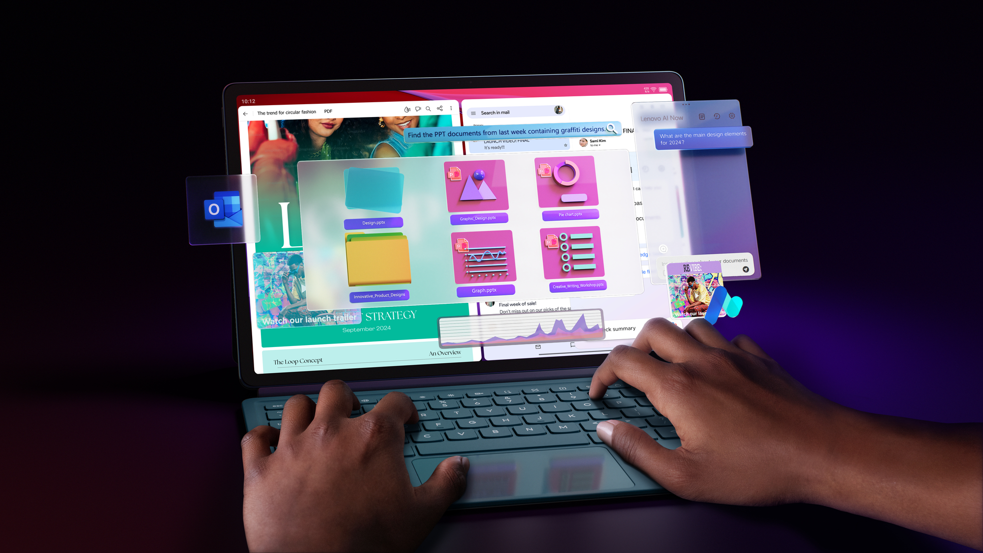 Hände tippen auf einem Laptop, mit überlagerten App-Fenstern.