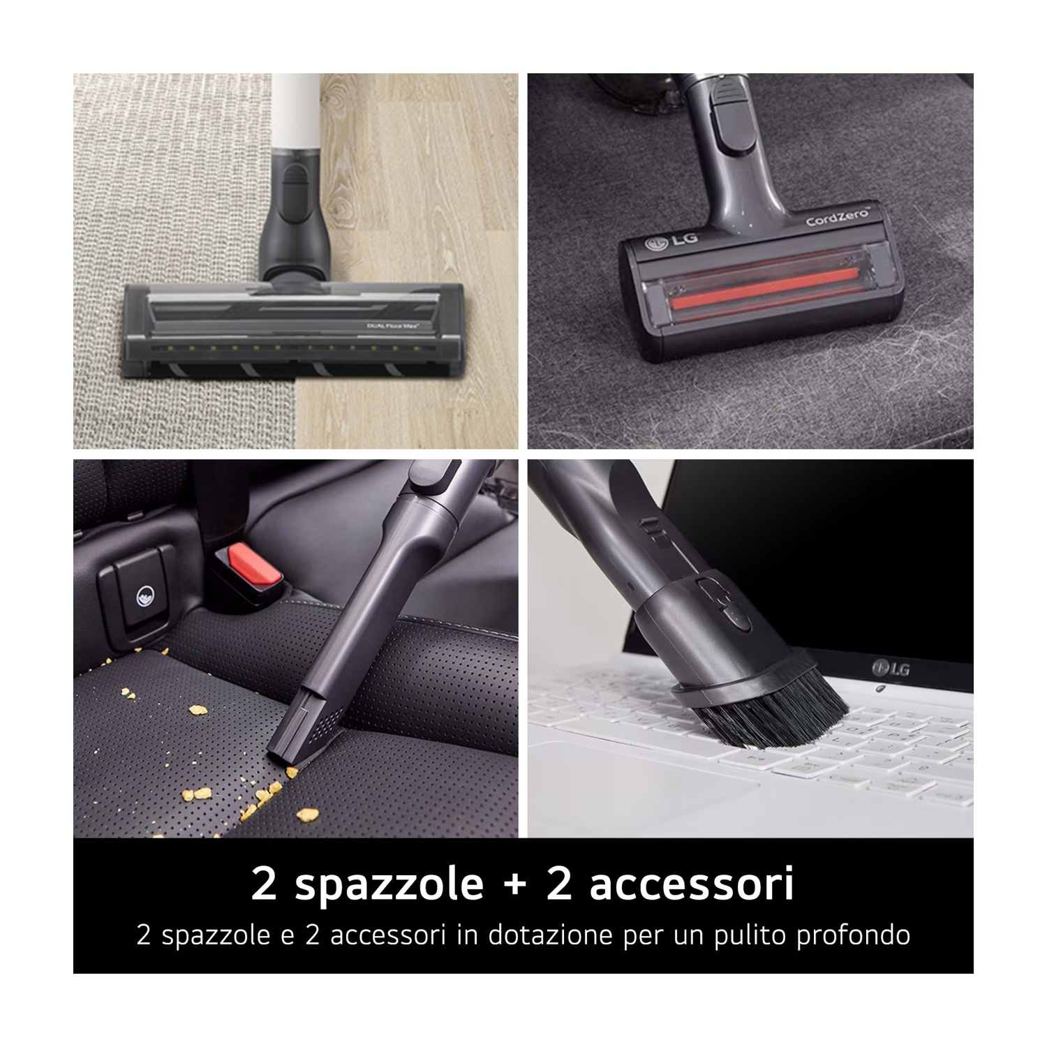 Quattro accessori per aspirapolvere. Il testo recita: '2 spazzole + 2 accessori'. Per una pulizia profonda.