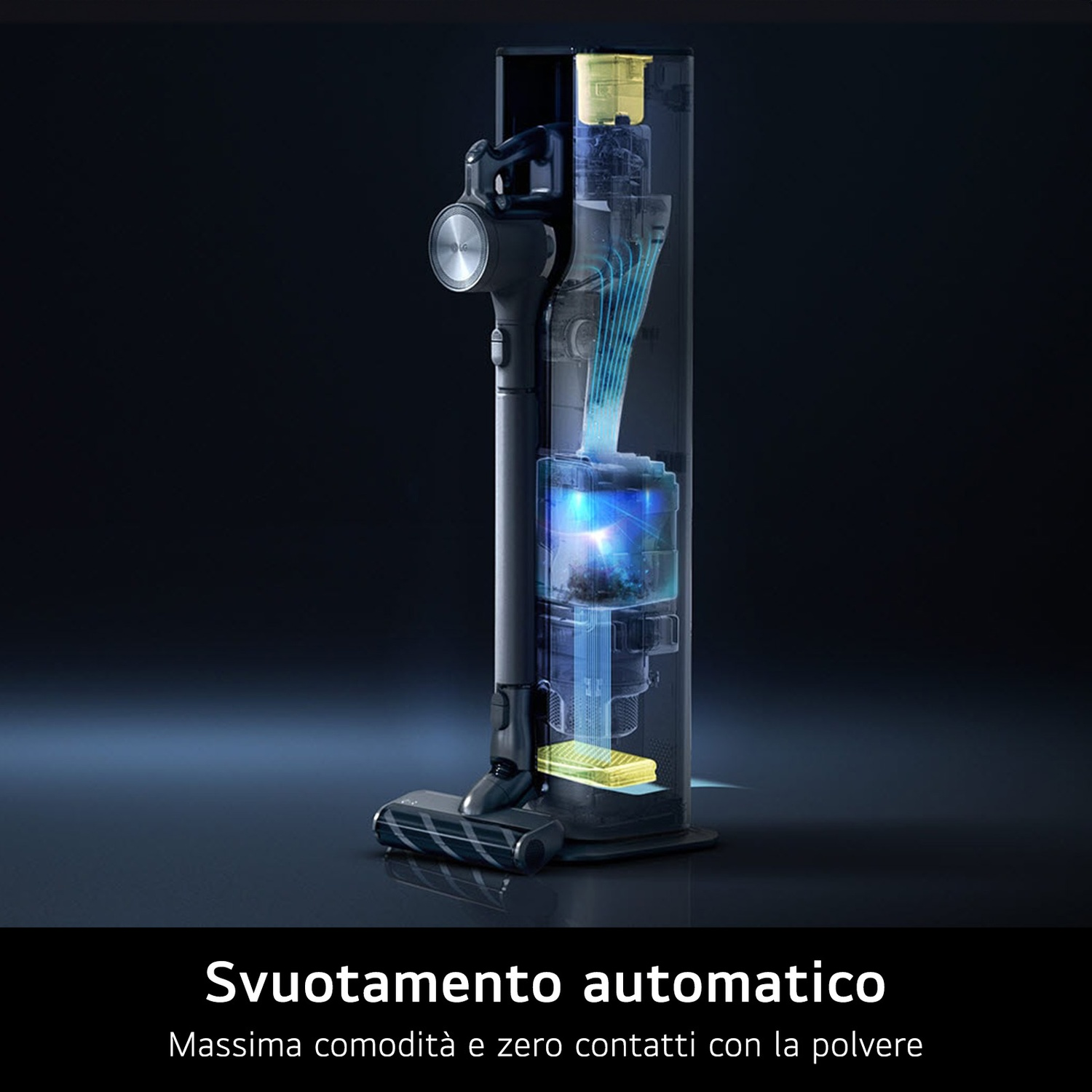 Aspirapolvere con testo di svuotamento automatico in italiano.
