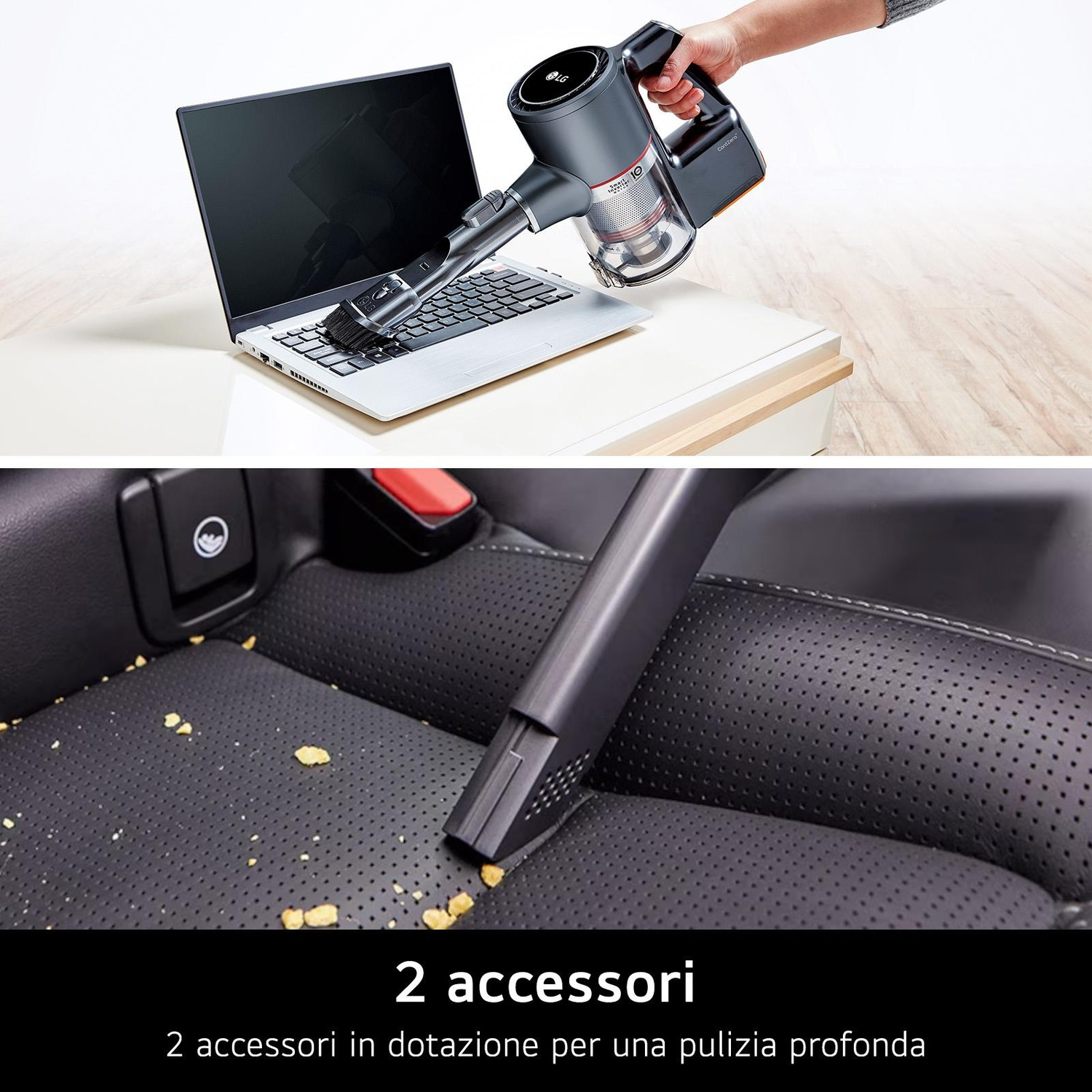 Aspirapolvere che pulisce il laptop, poi il sedile dell'auto con le briciole. Vengono mostrati due accessori.